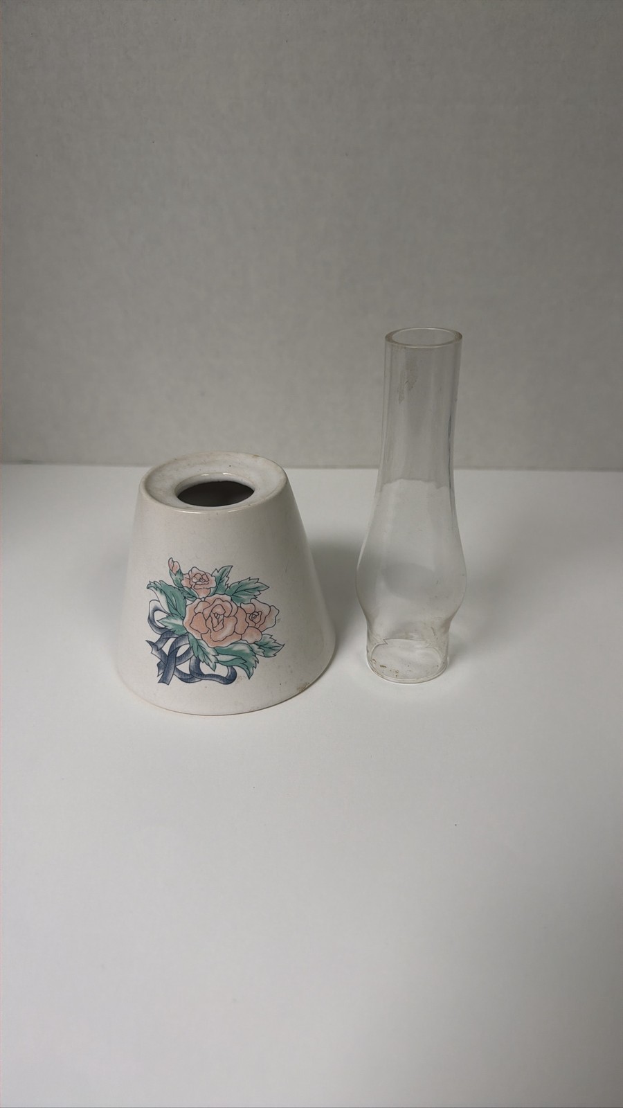 Pfaltzgraff Tea Rose Hurricane Candle Lamp Ceramic Shade Glass Chimney