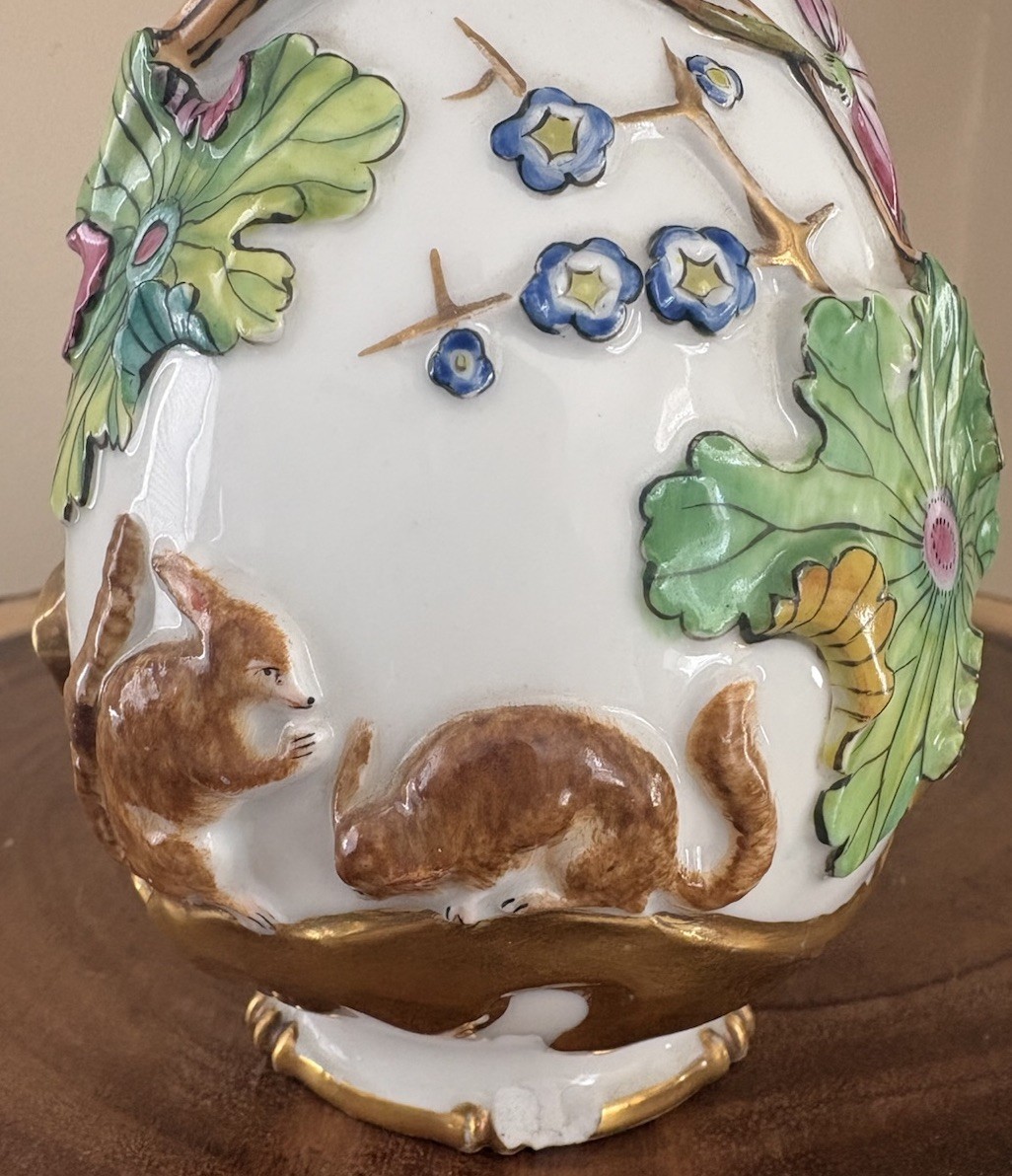 Antique Continental Porcelain Vase Figural Birds Squirrels Gilt