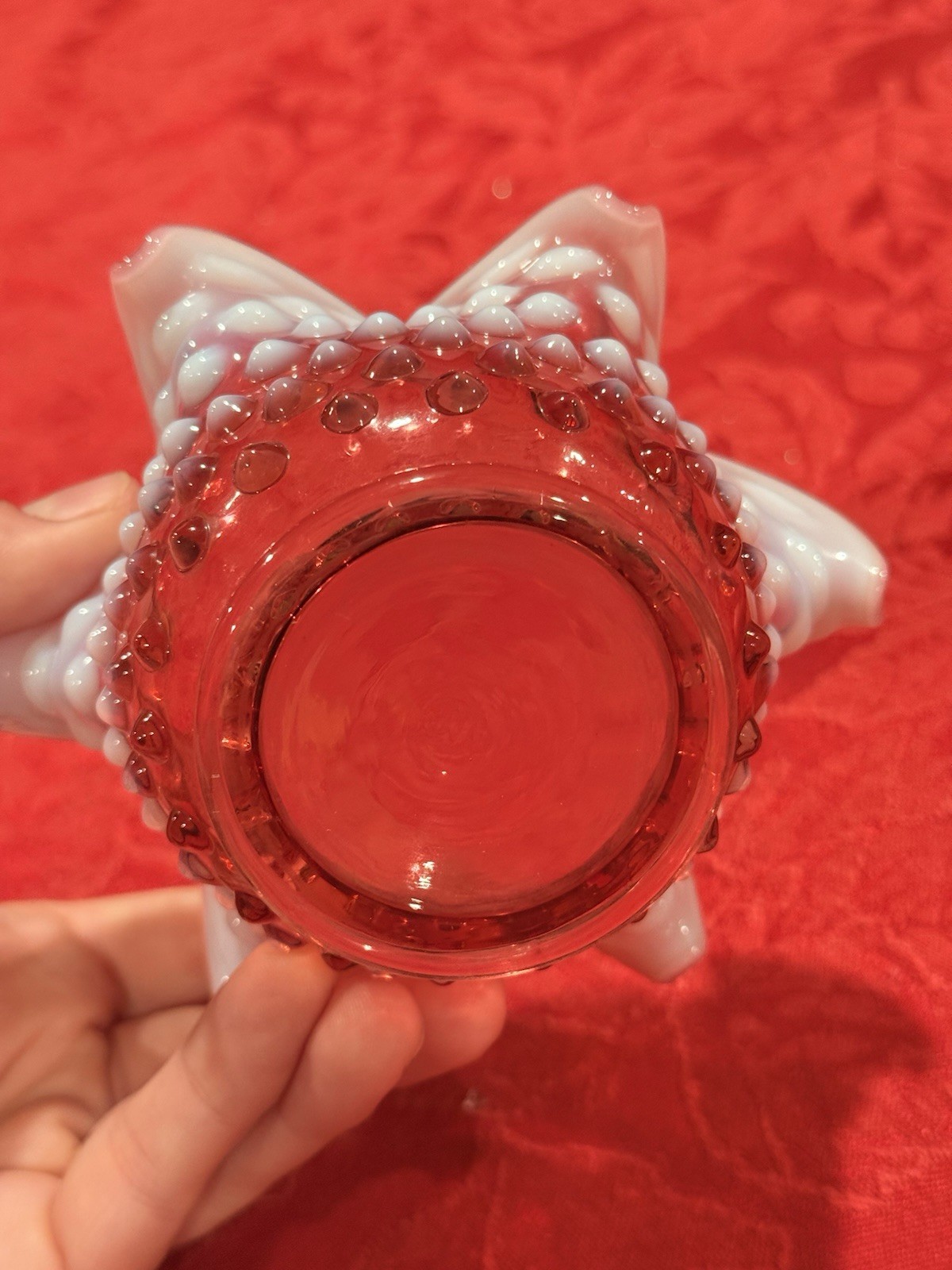 Vintage Fenton Cranberry Opalescent Hobnail Mayonnaise Set W/ Underplate & Ladle
