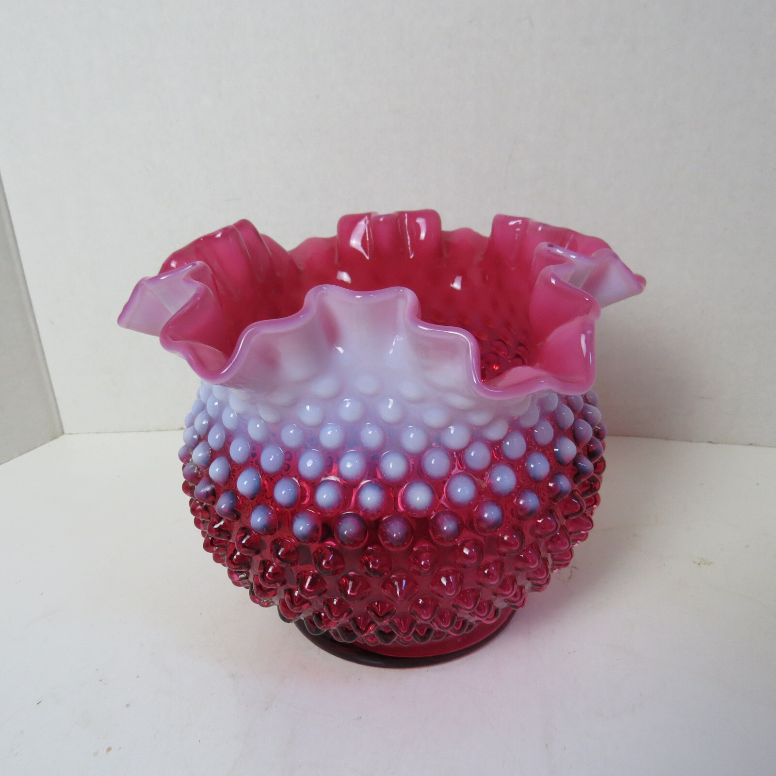 Vintage Fenton Art Glass Cranberry Pink Opalescent Hobnail Vase 5 1/2 Inches