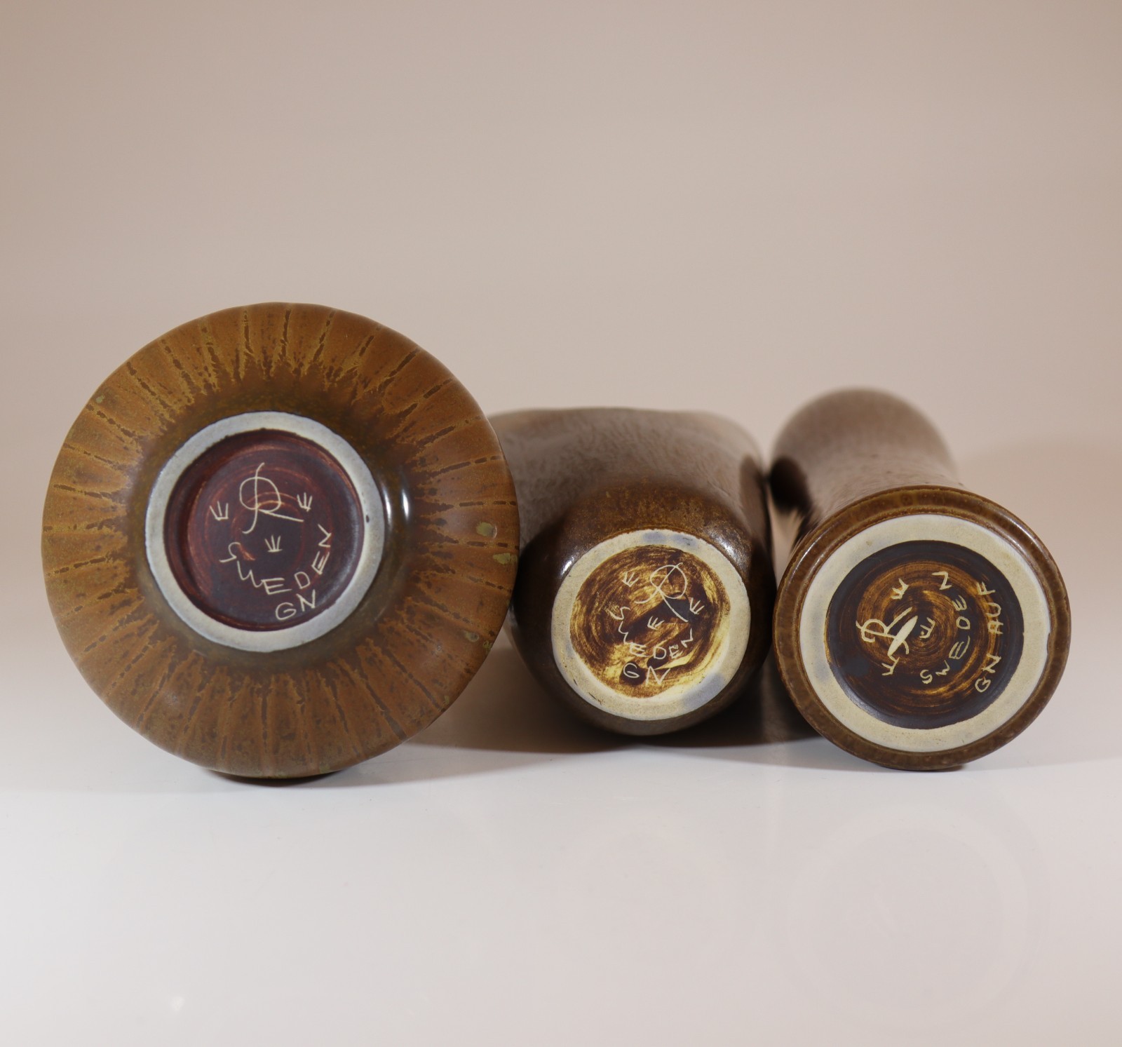 Group of 3 Brown Ceramic Vases – Rörstrand – Gunnar Nylund – Midcentury Modern