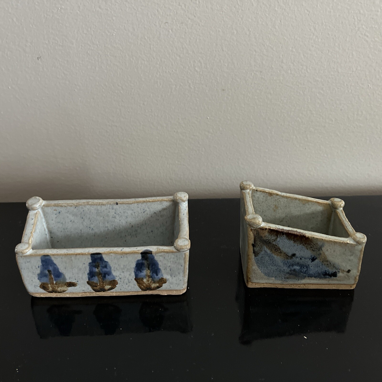 Studio Pottery Artist Signed PASHID Box Holder Hand Painted Blue Set Of 2