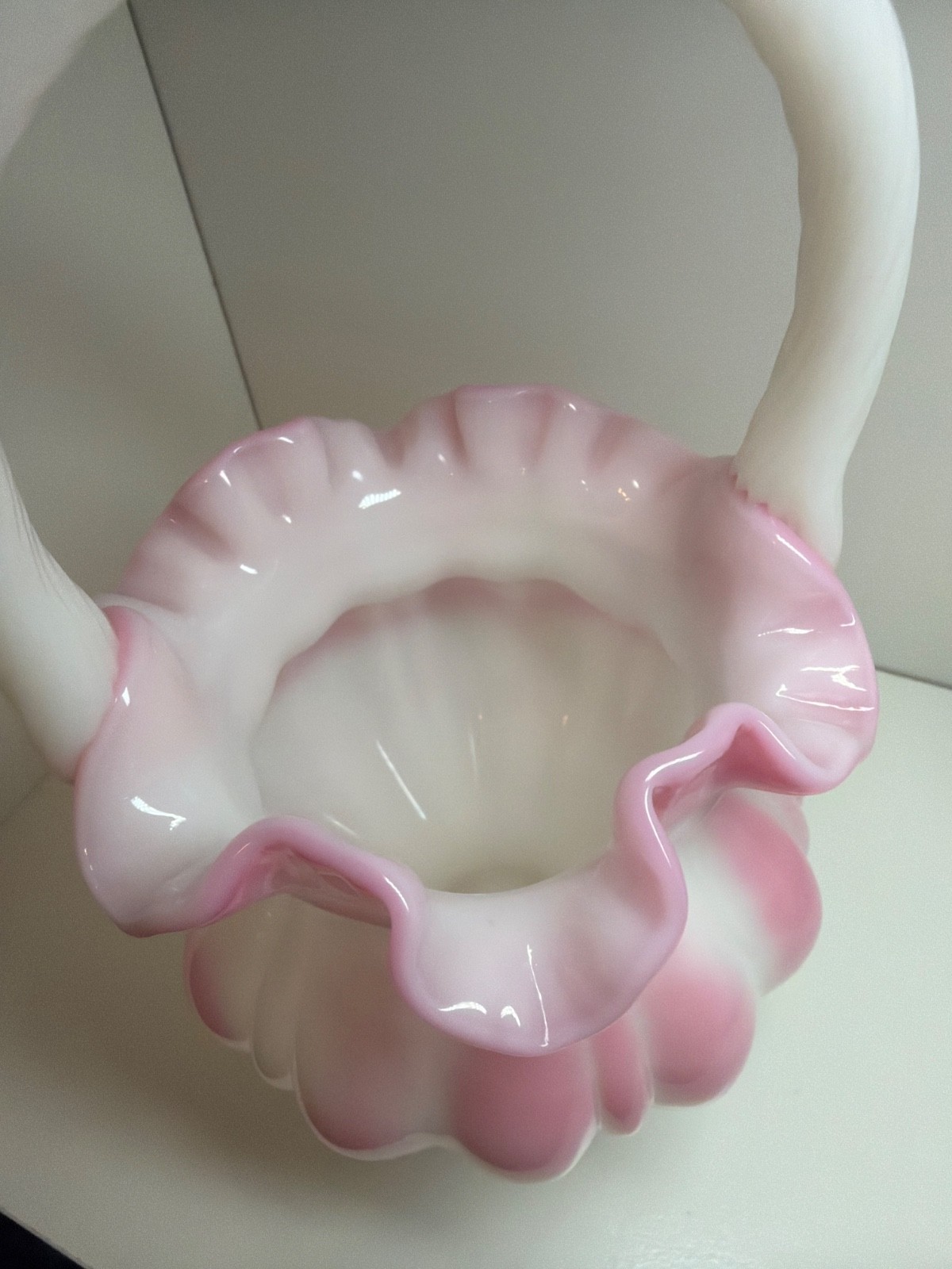 Vintage Fenton Roseline Ruffled basket with Applied Handle 8.5” tall RARE