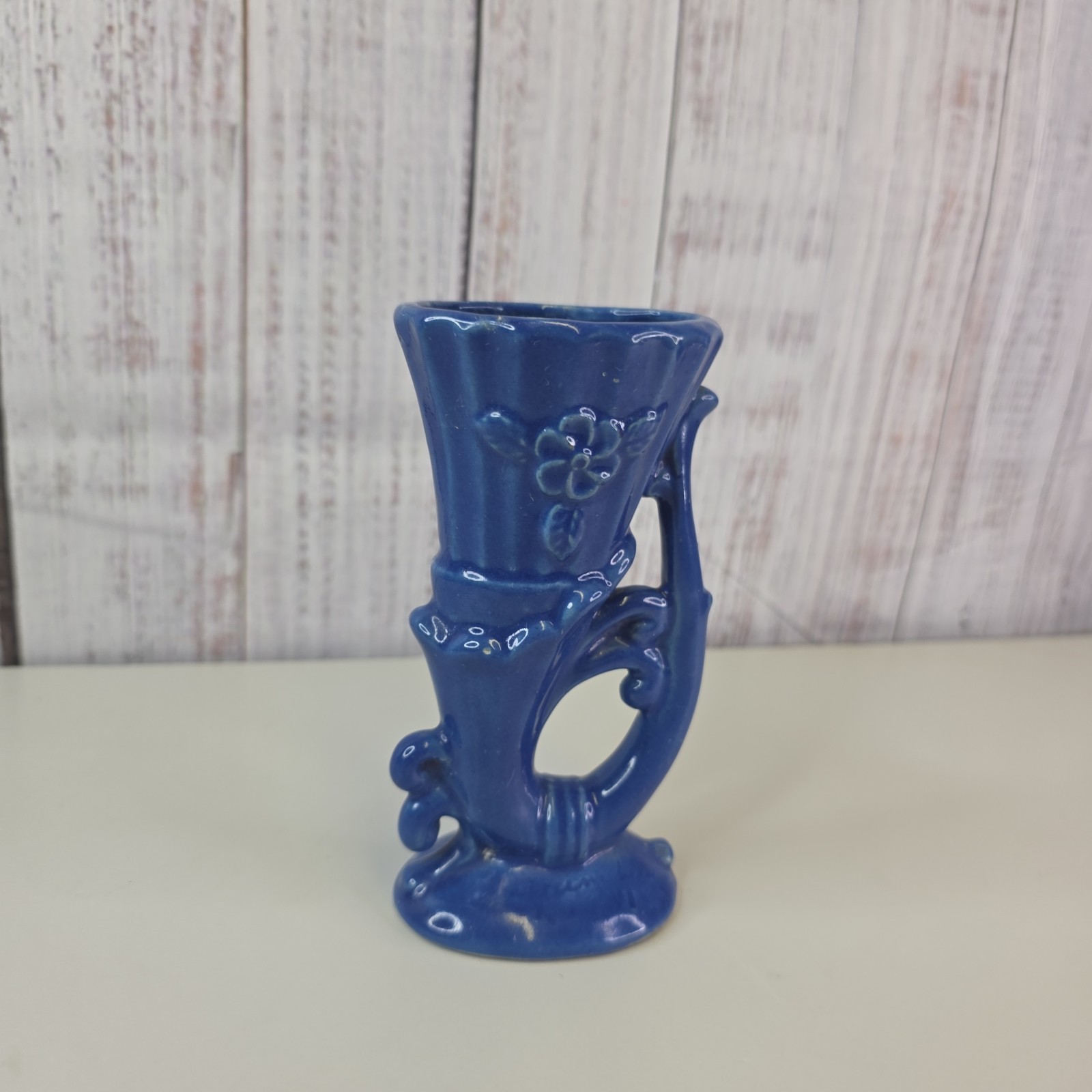 Art Pottery Cornucopia Vase Blue Ceramic Vintage Signed Taylor December 21 1941