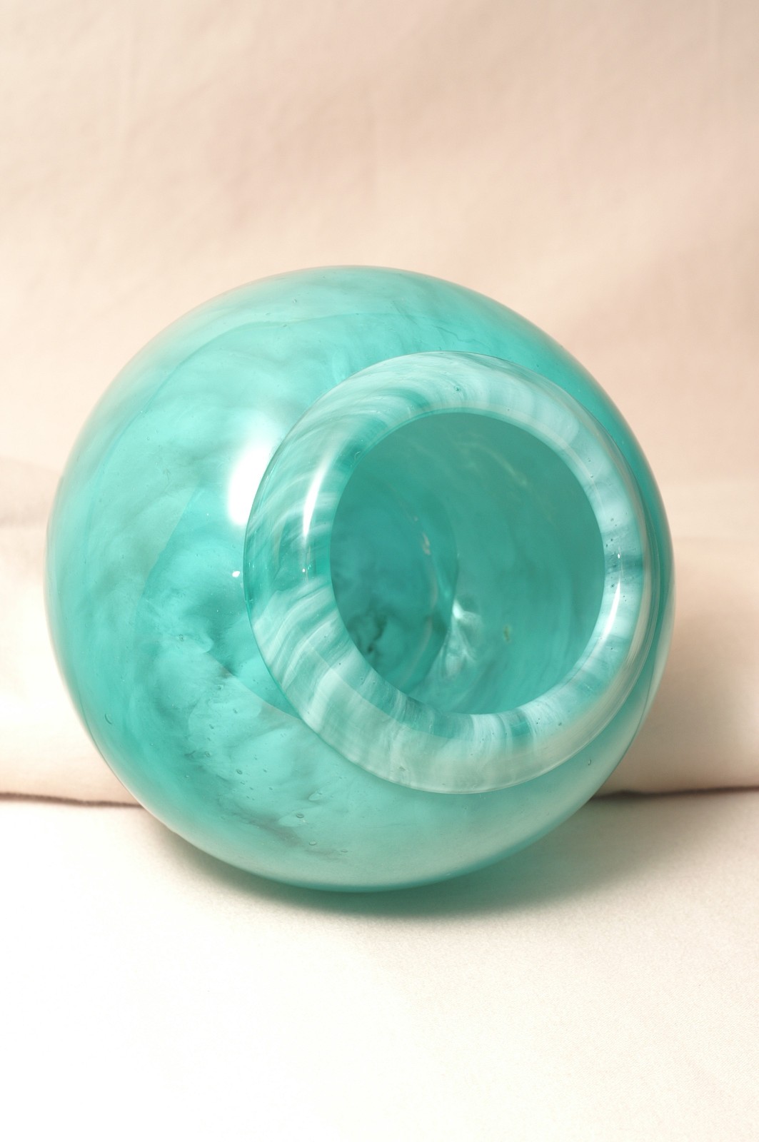 Vintage Blown Glass Turquoise Green Swirl Ball Vase Folded Rim Pontil Mark