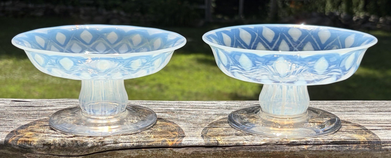 Rare Pair Of Libbey Nash Diamond Opalescent Art Glass Candlesticks Signed Mint