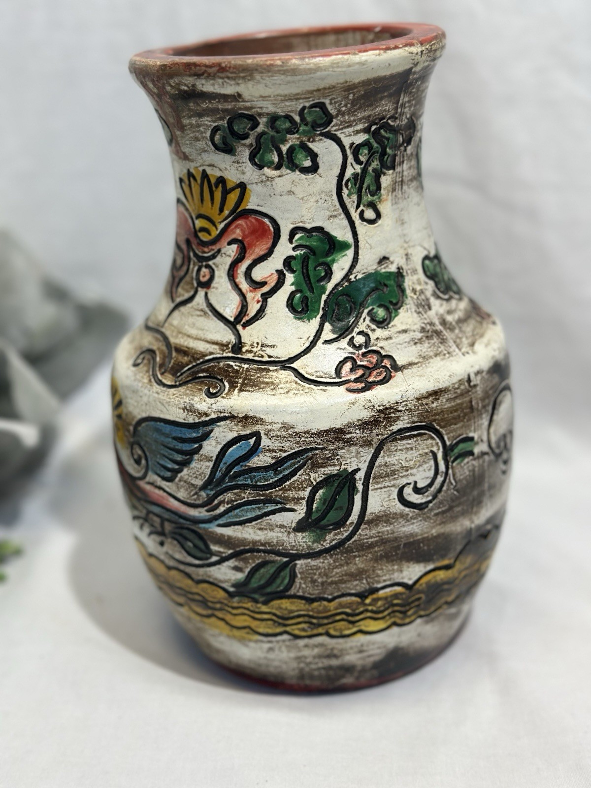 Vintage Bird and Floral Earthenware Vase. Pottery Engraved Design Made In Japan