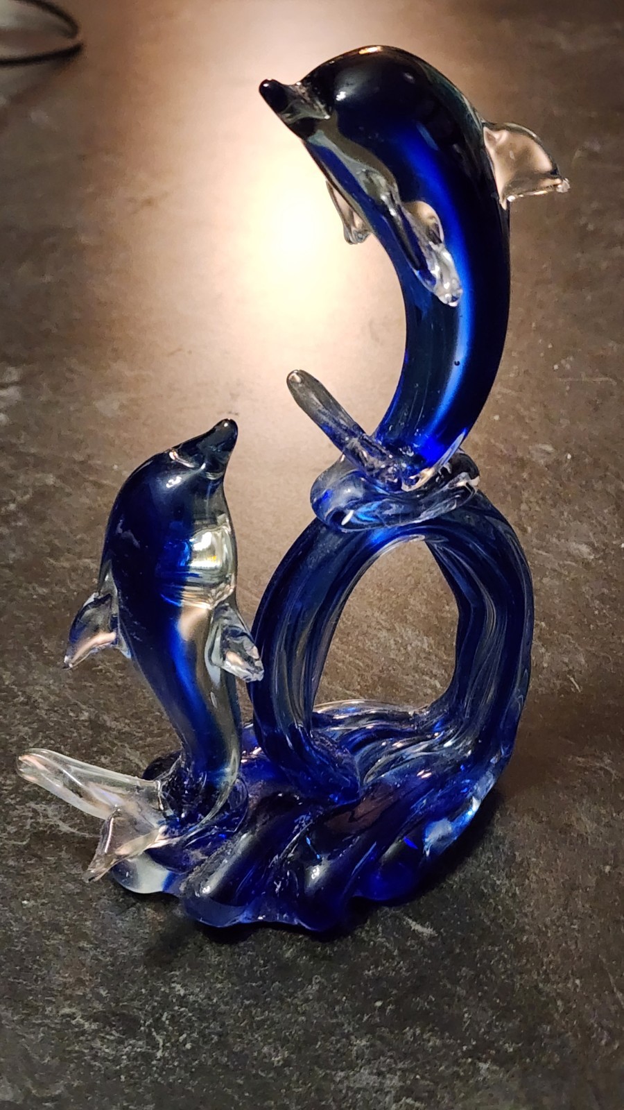 2 Playful Dolphins in Ocean, Clear and Blue Blown Glass Decor Art HTF