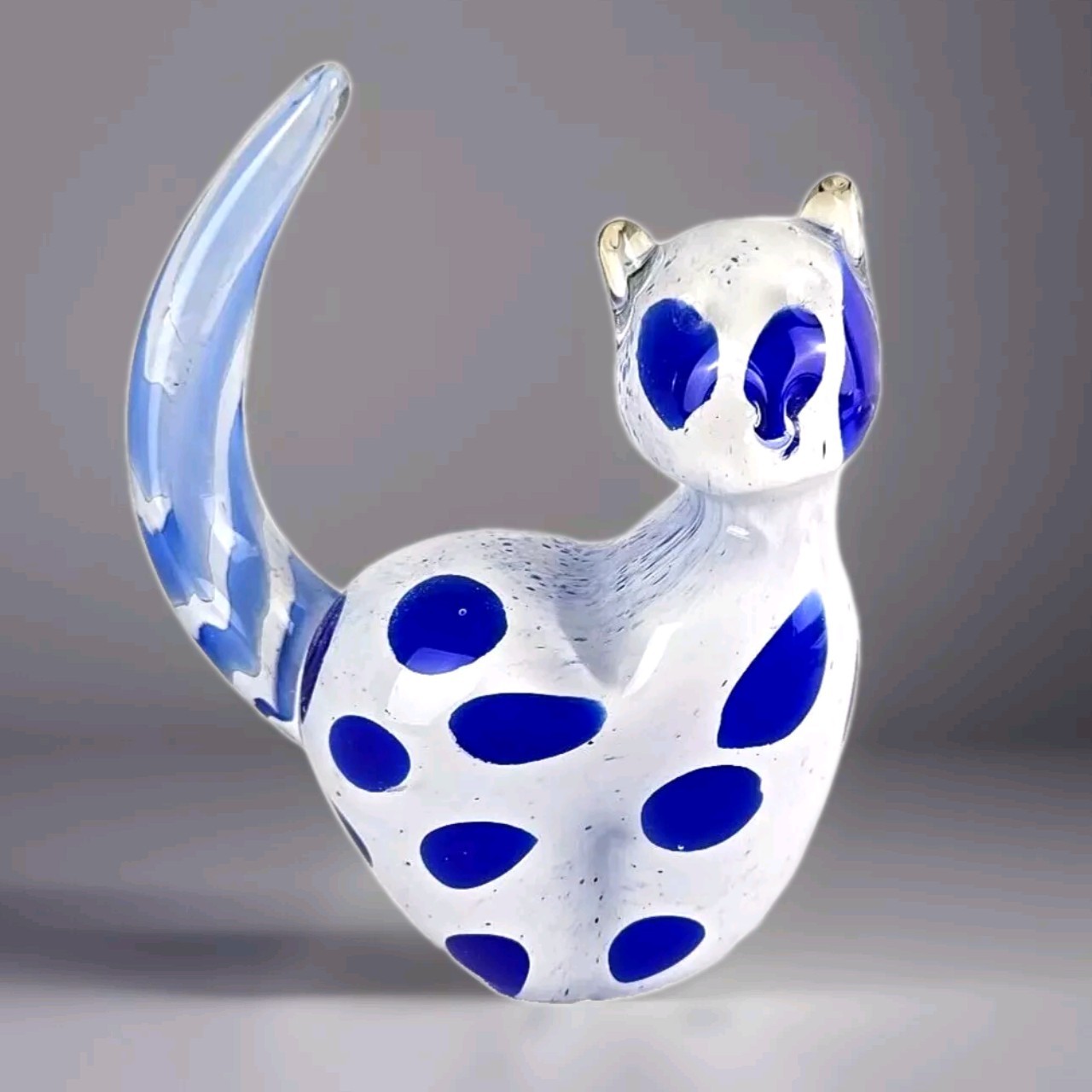 Hand Blown Art Glass White Cat Blue Spots Paperweight Figurine Heavy Glass