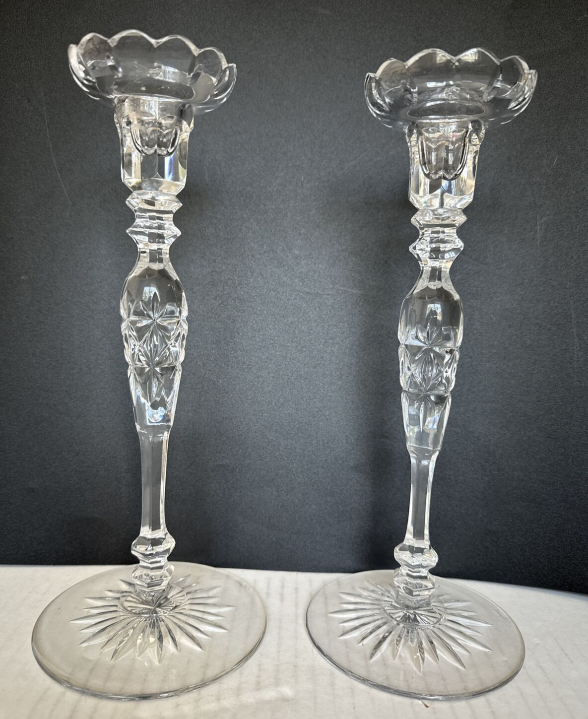 PAIR Rogaska Rosemont Full Lead Crystal Rose Stem Candlesticks 10 3/8 In .