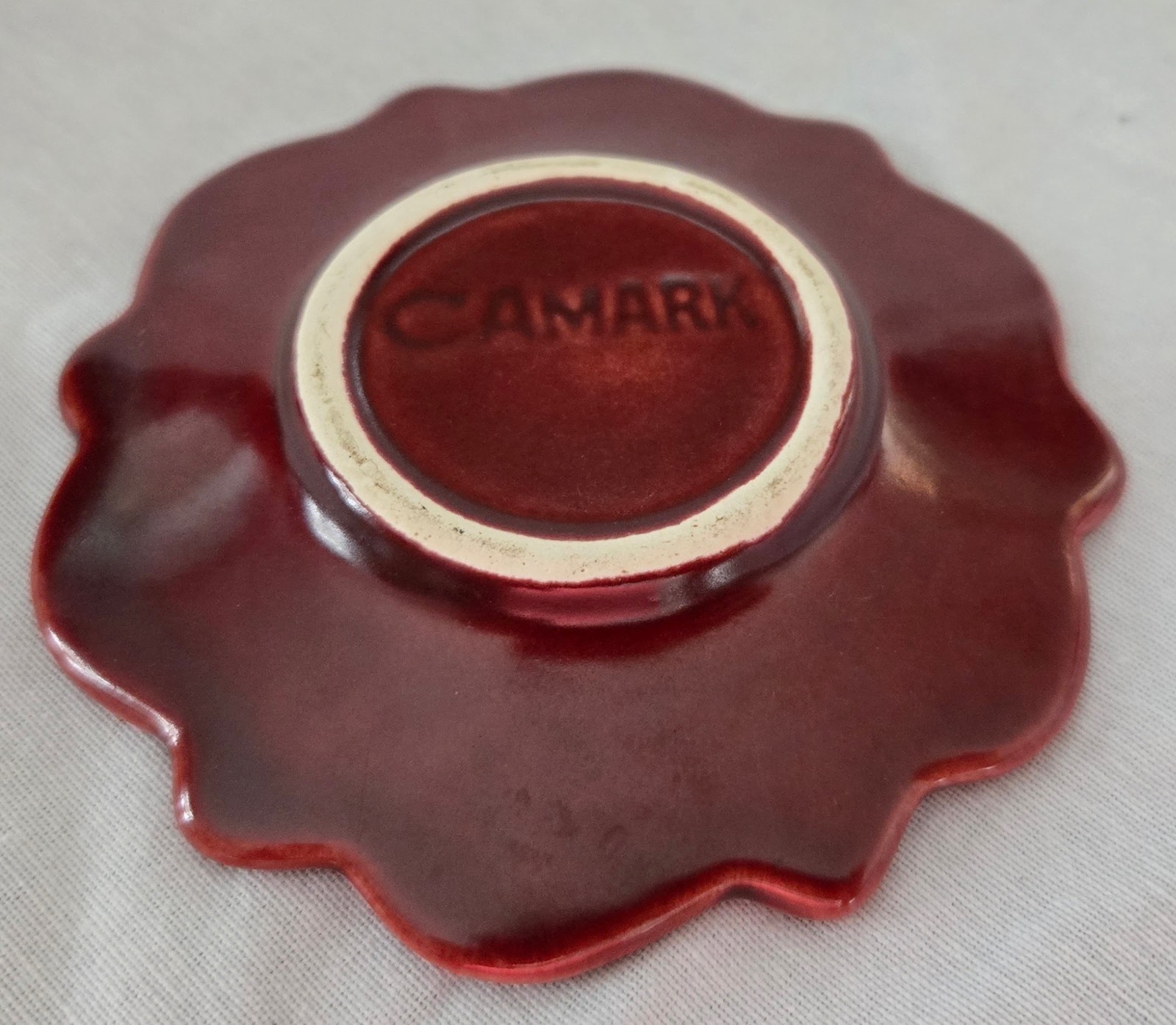 Vintage Camark Lotus Teacup Saucer Burgundy Oxblood Arkansas Pottery