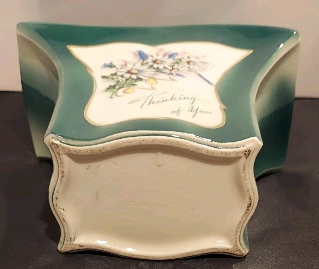 Art Deco Ceramic Flower Vase Green w/ Flowers Music Notes Gold Trim