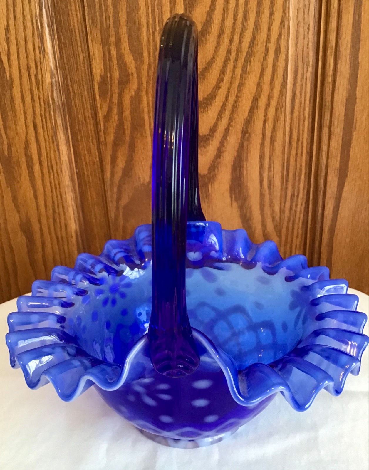 RARE FENTON ART GLASS COLBALT SNOW FLAKE BASKET