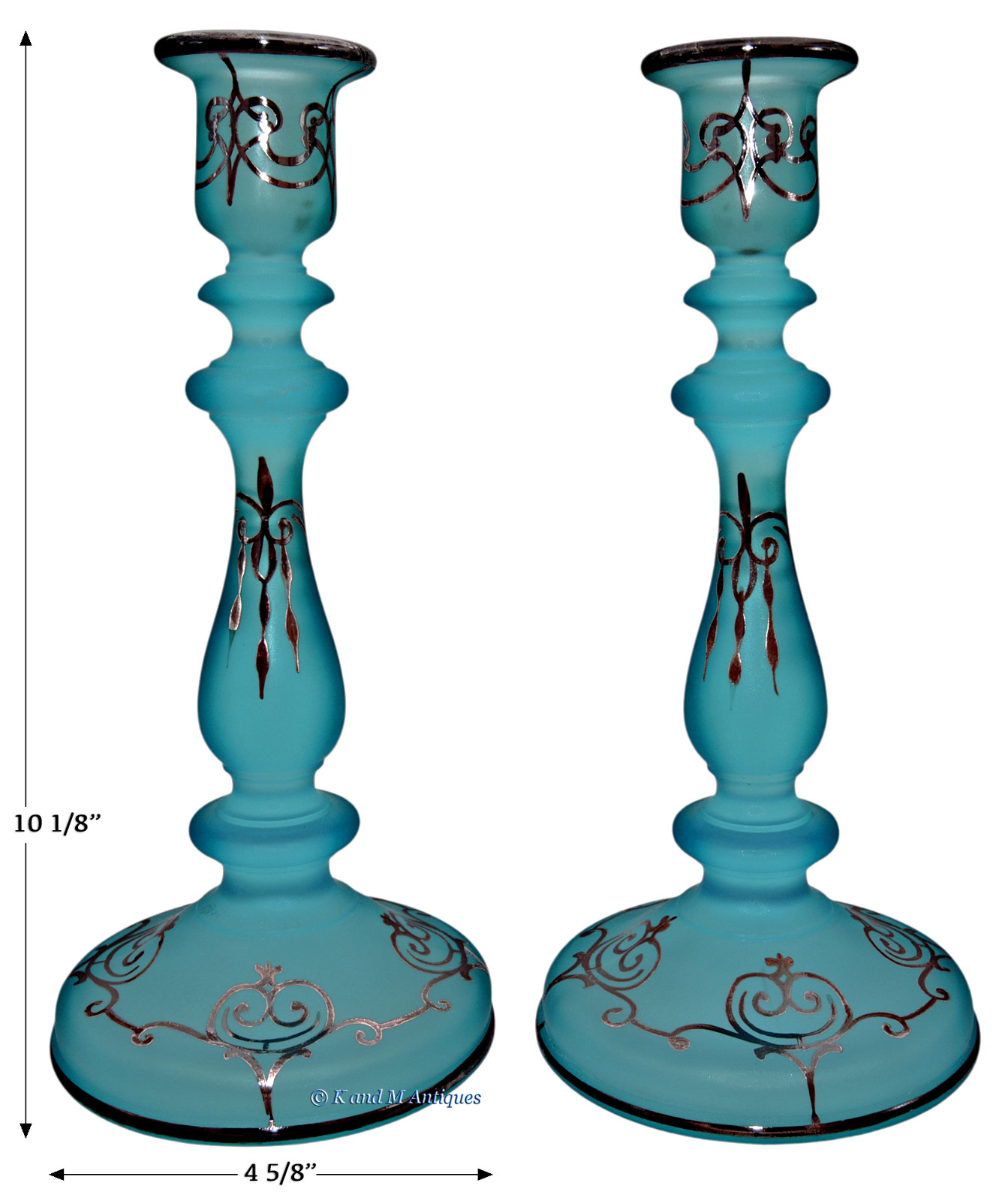 Tiffin  No. 74 Blue Satin 10 1/8″ Candlesticks with Platinum Trim – FABULOUS!