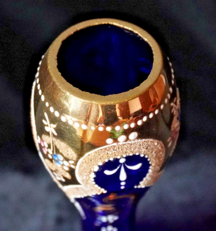 Vintage Bohemian Cobalt Blue Glass Vase Gold Gilt Enamel 6.75”