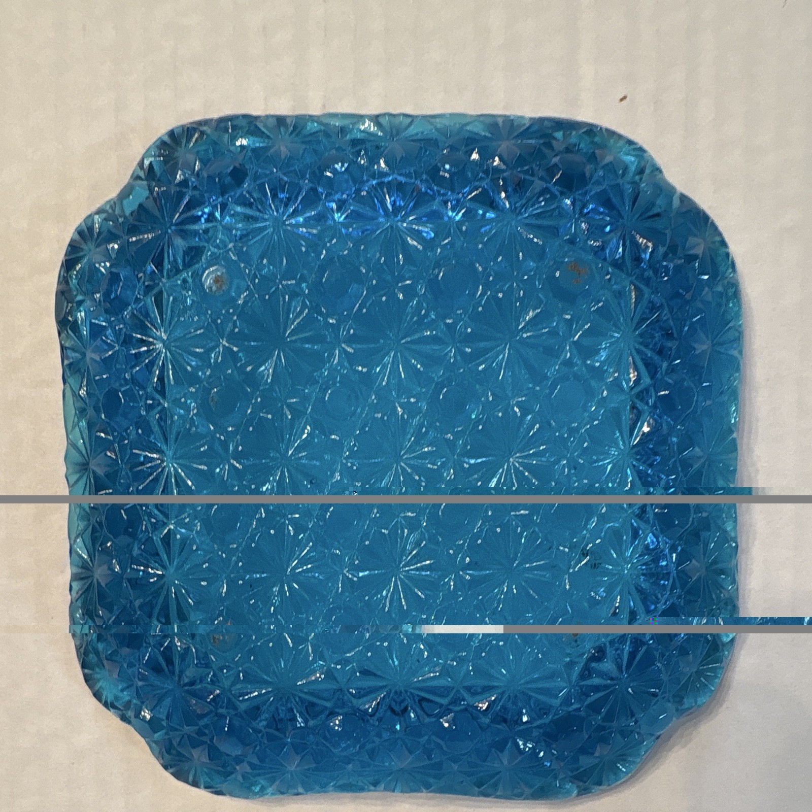 Blue Square Pressed Glass Starburst Theme Ashtray, Pressed Glass Technique