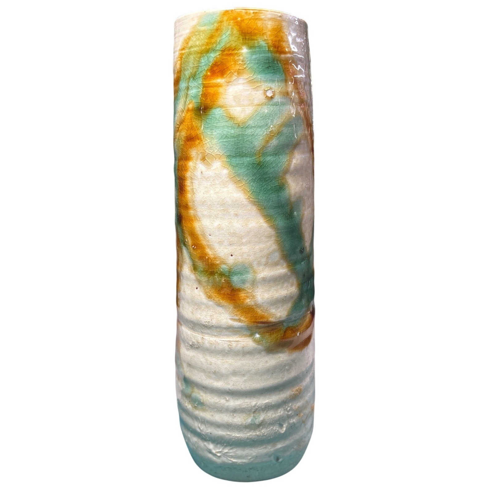 Japanese Stoneware Pottery Ribbed Cylinder Vase Crackle Glaze Amber Green Cream