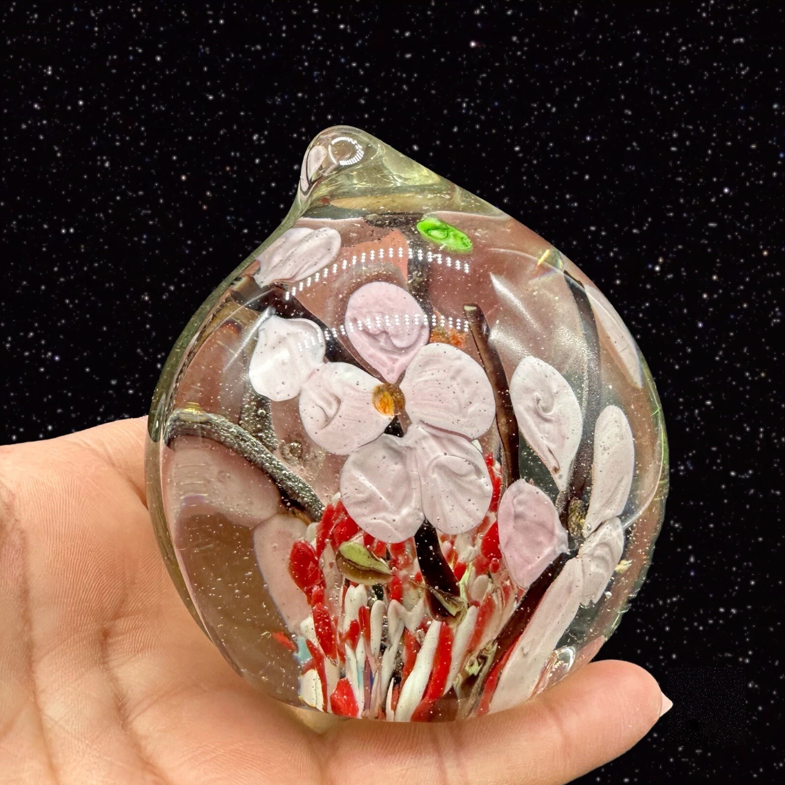 Czech Art Glass Peach Shaped Paperweight Cherry Blossom Tree Glass Orb Round 3”W