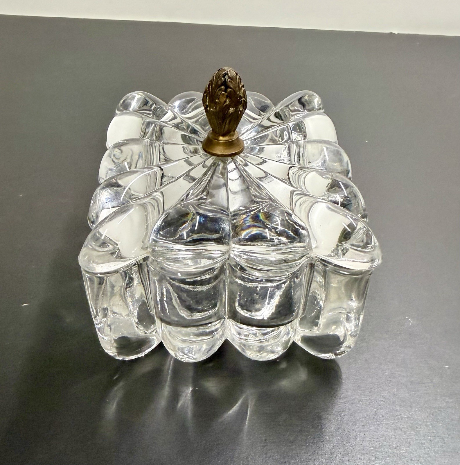 Heisey Crystolite Style Clear Glass Lidded Decorative Box Brass Metal Handle