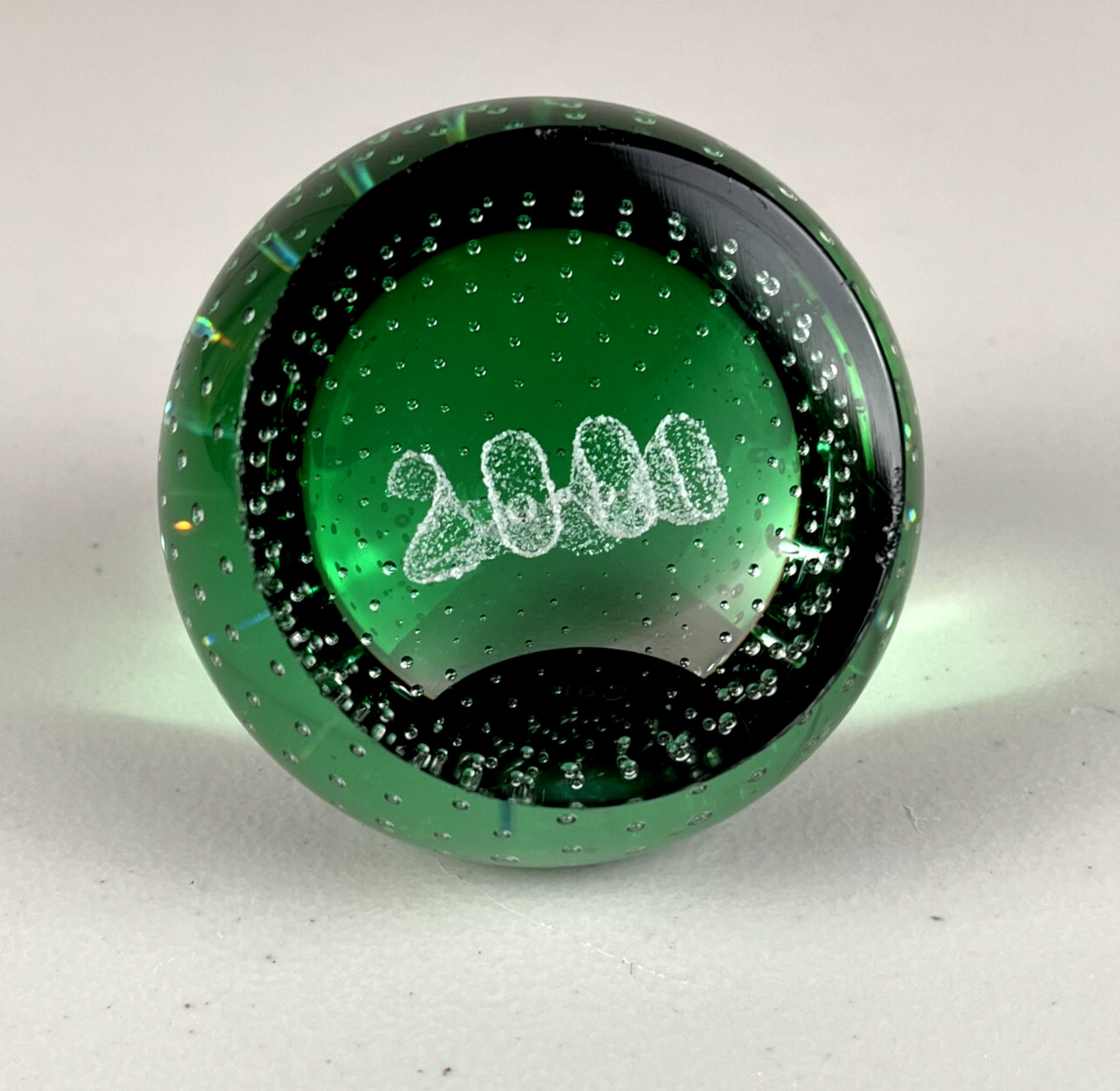 Vintage Caithness Scotland Green Glass Paperweight White Clear 2000 Y2K