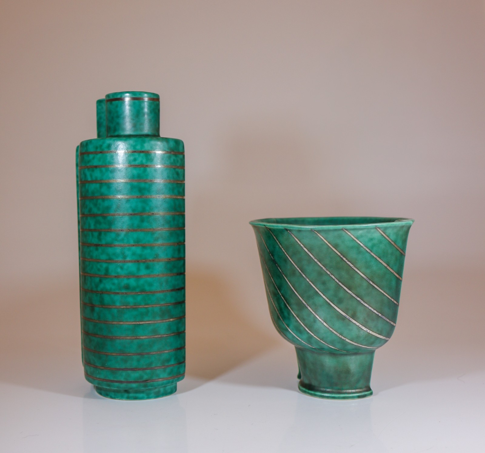 TWO RARE GREEN CERAMIC VASE ARGENTA / SURREA – WILHELM KÅGE GUSTAVSBERG