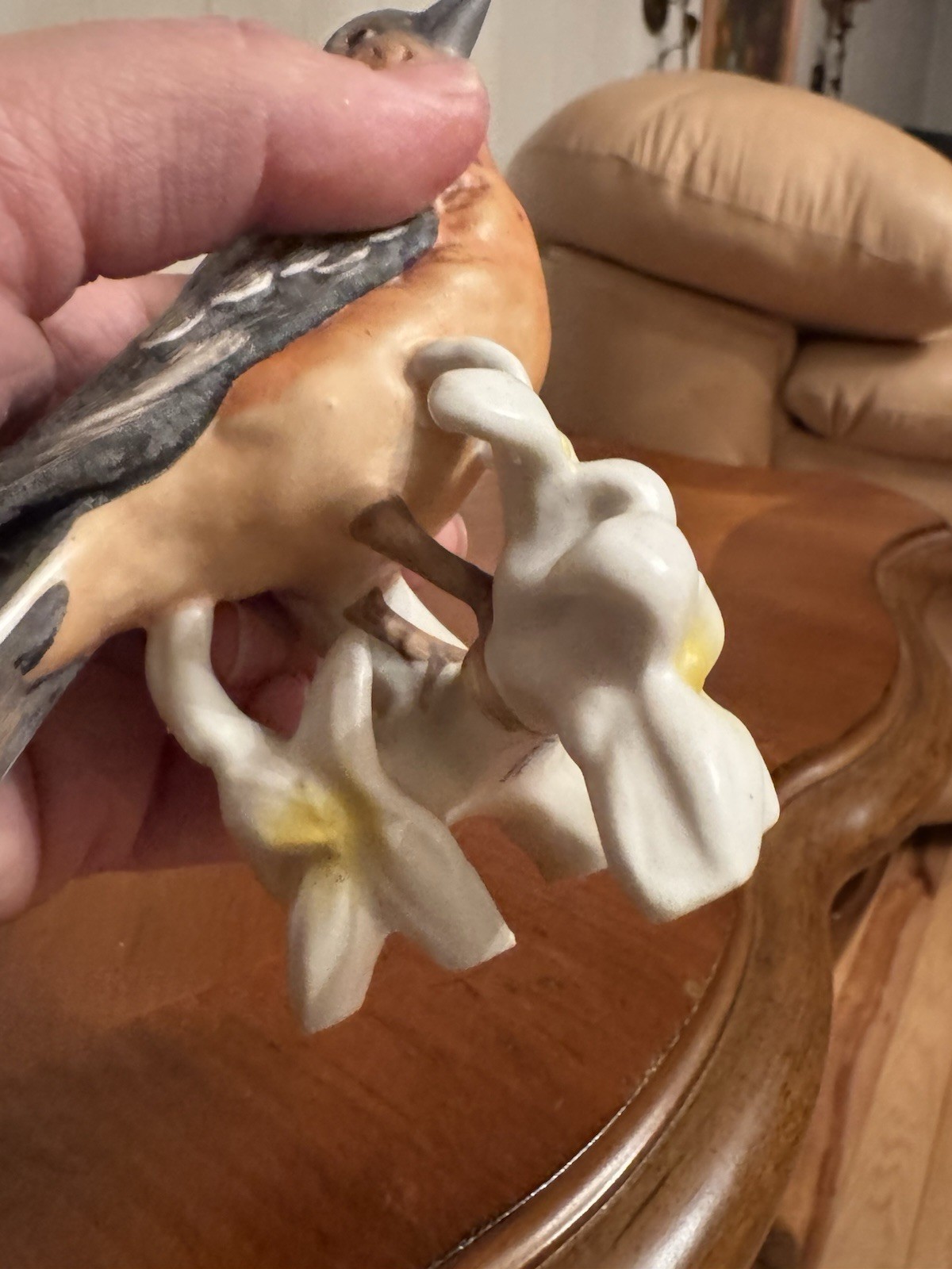 Goebel Hand Painted Porcelain Bird Figurine Germany Branch White Flowers Decor