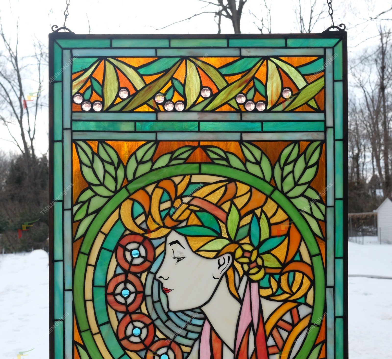 20″ x 34″ Alphonse Mucha Art. Stained Glass Window Panel Art Nouveau lady HF216