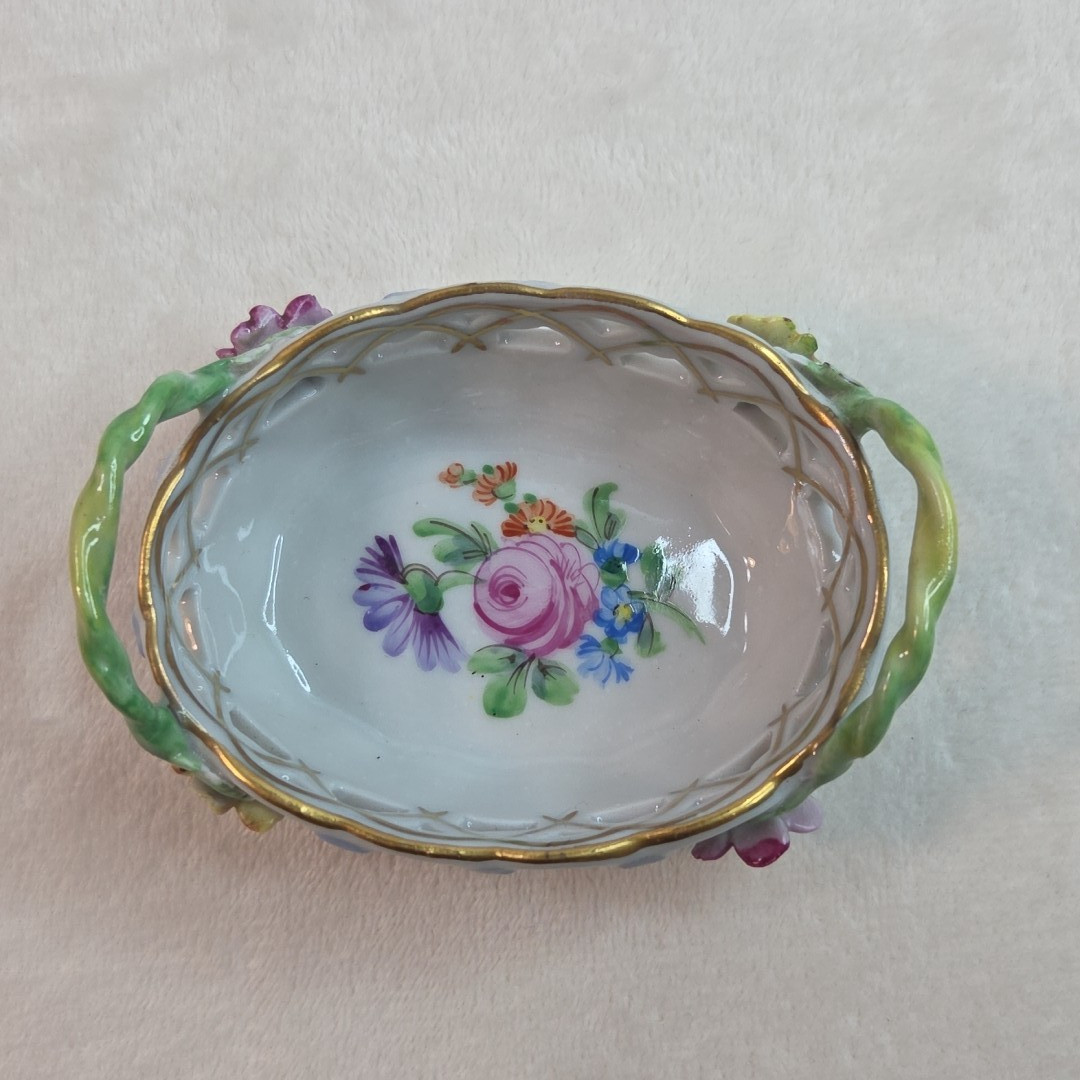 Antique Vintage Carl Thieme Dresden Porcleain Sm Basket Applied Flowers 3 1/4″