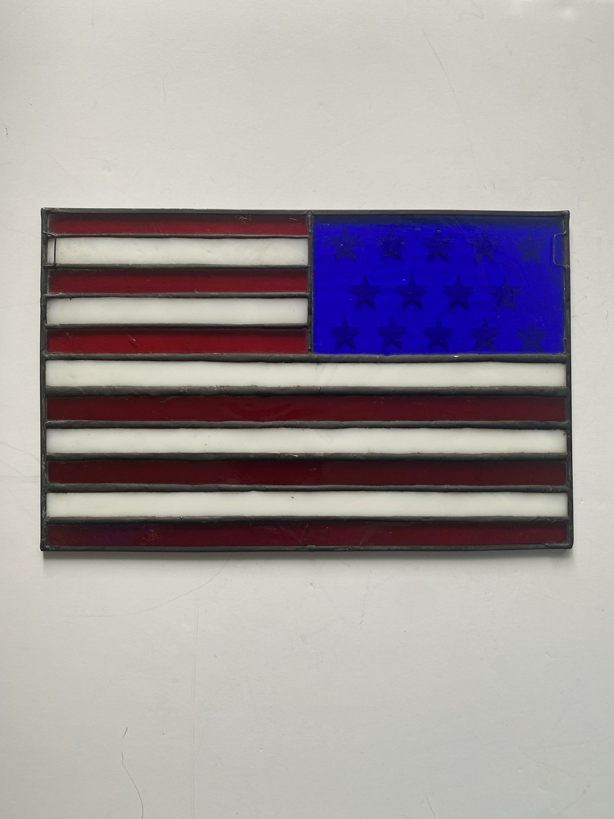 Leaded Stain Glass American Flag Window Panel 12”x7.25” Hanging Loops Sun Catch