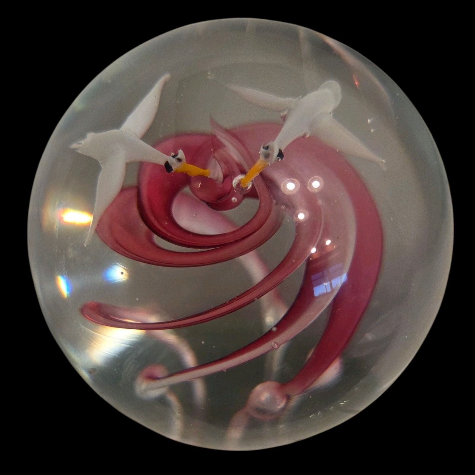 Art Glass Paperweight 2.25″ Pink Ribbon Spiral Swirl Pair White Birds in Flight