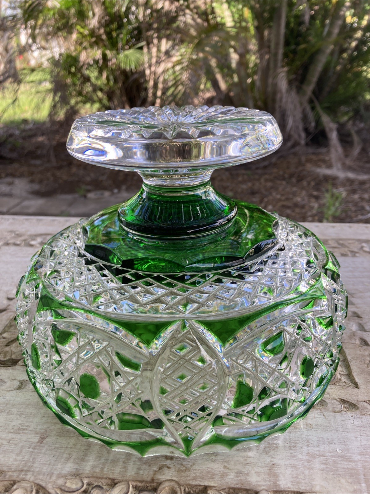 Vintage Czech Bohemian Emerald Crystal Cut to Clear Centerpiece Bowl Compote