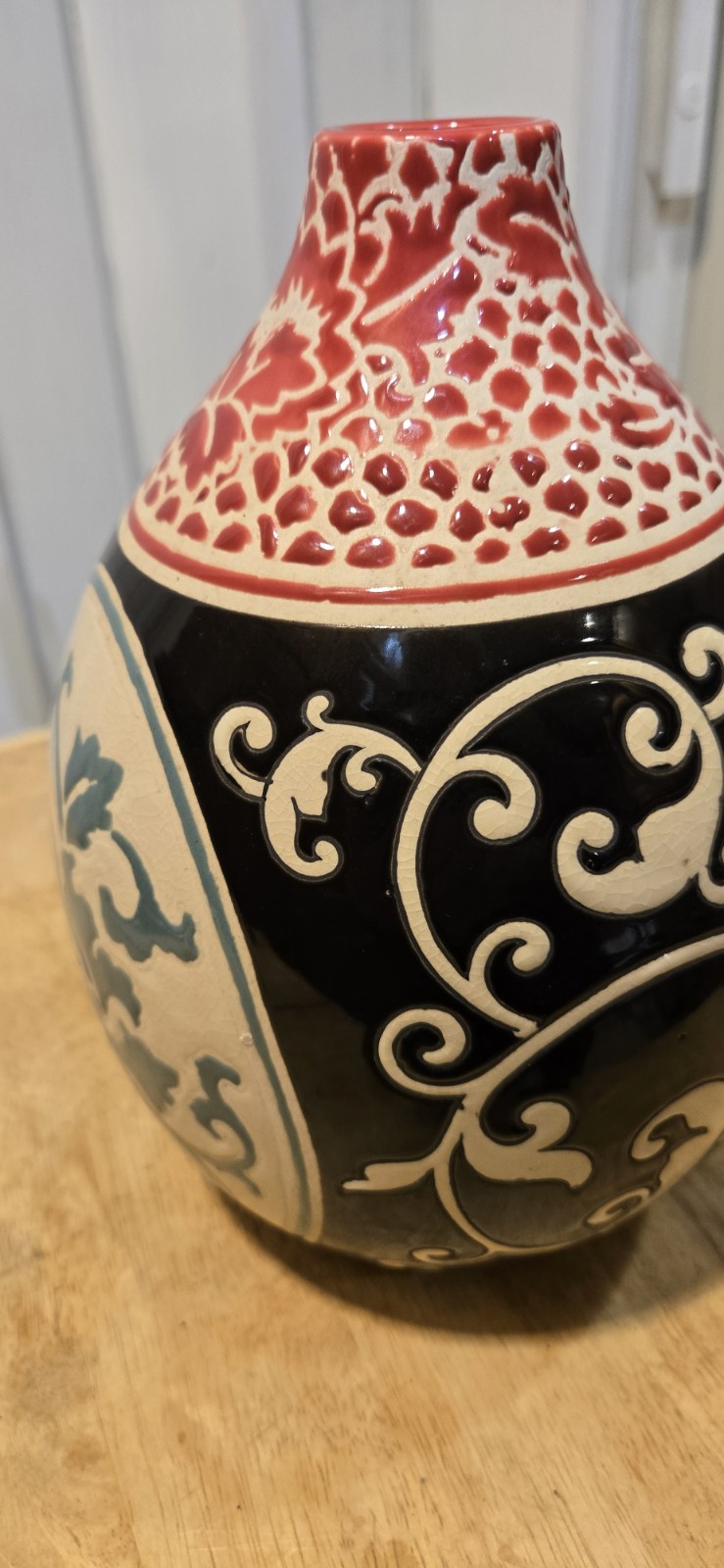 Red, Black & Blue Ceramic Vase. 9″T By 8″W Mint Condition