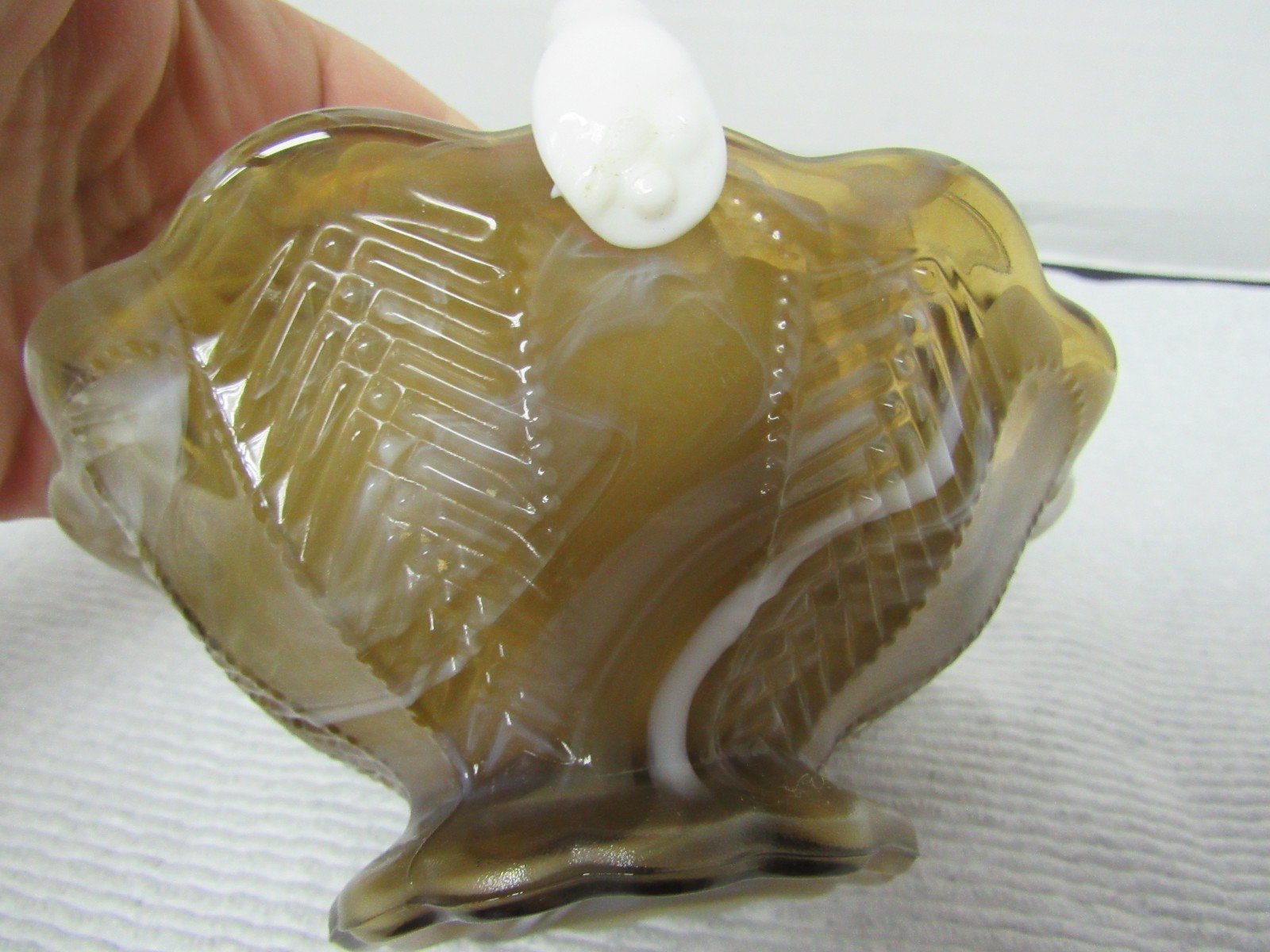 Imperial Chevron Scalloped Rim Carmel Slag Glass Basket w/Milk Glass Handle 5″