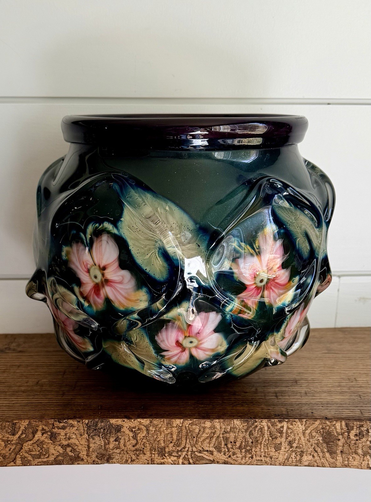 Charles Lotton-Large Caged Multi-Flora Dark Green Vase-Signed & Dated 1995