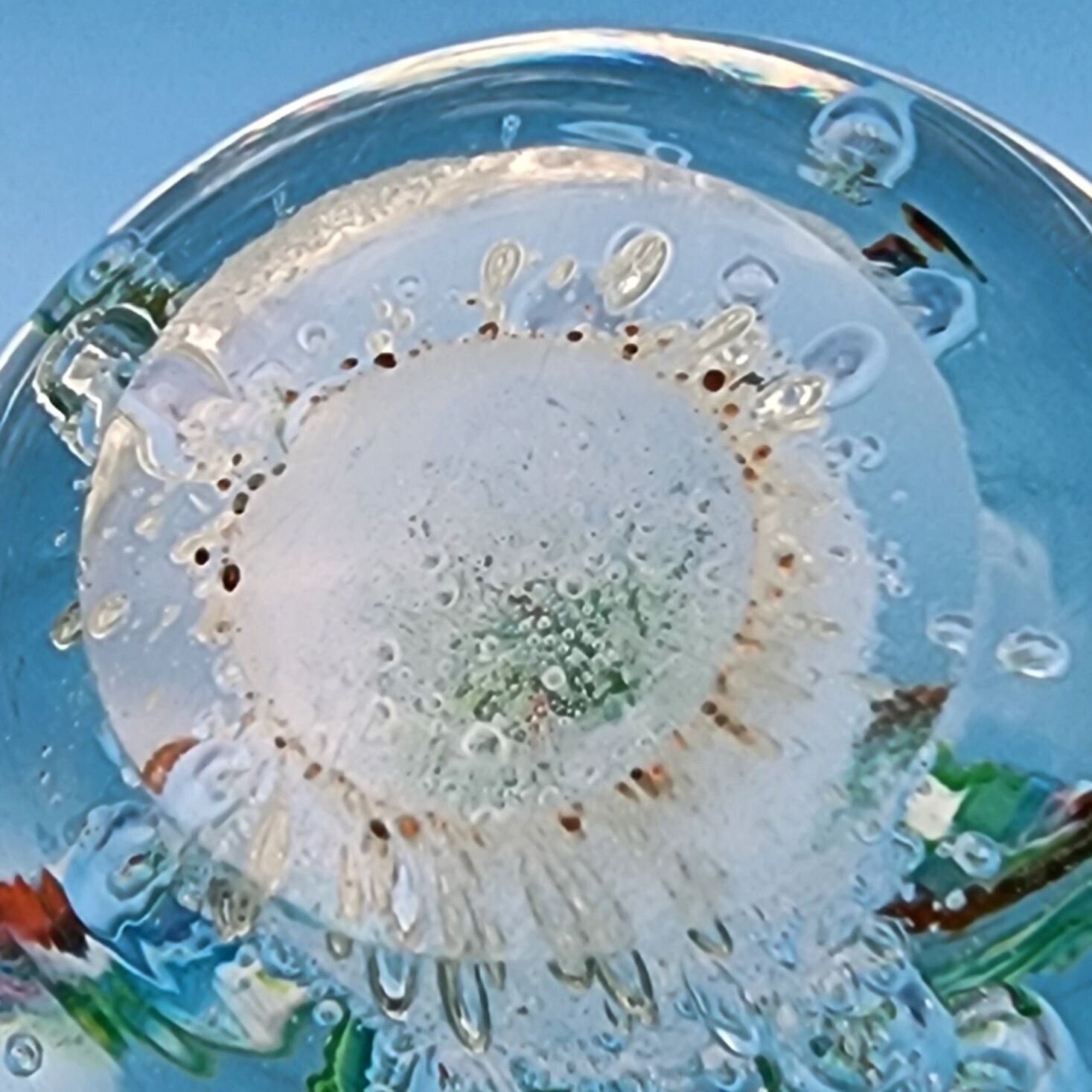 Art Glass Clear Controlled Bubble Green Floral Paperweight Sphere Vintage 2.5 in