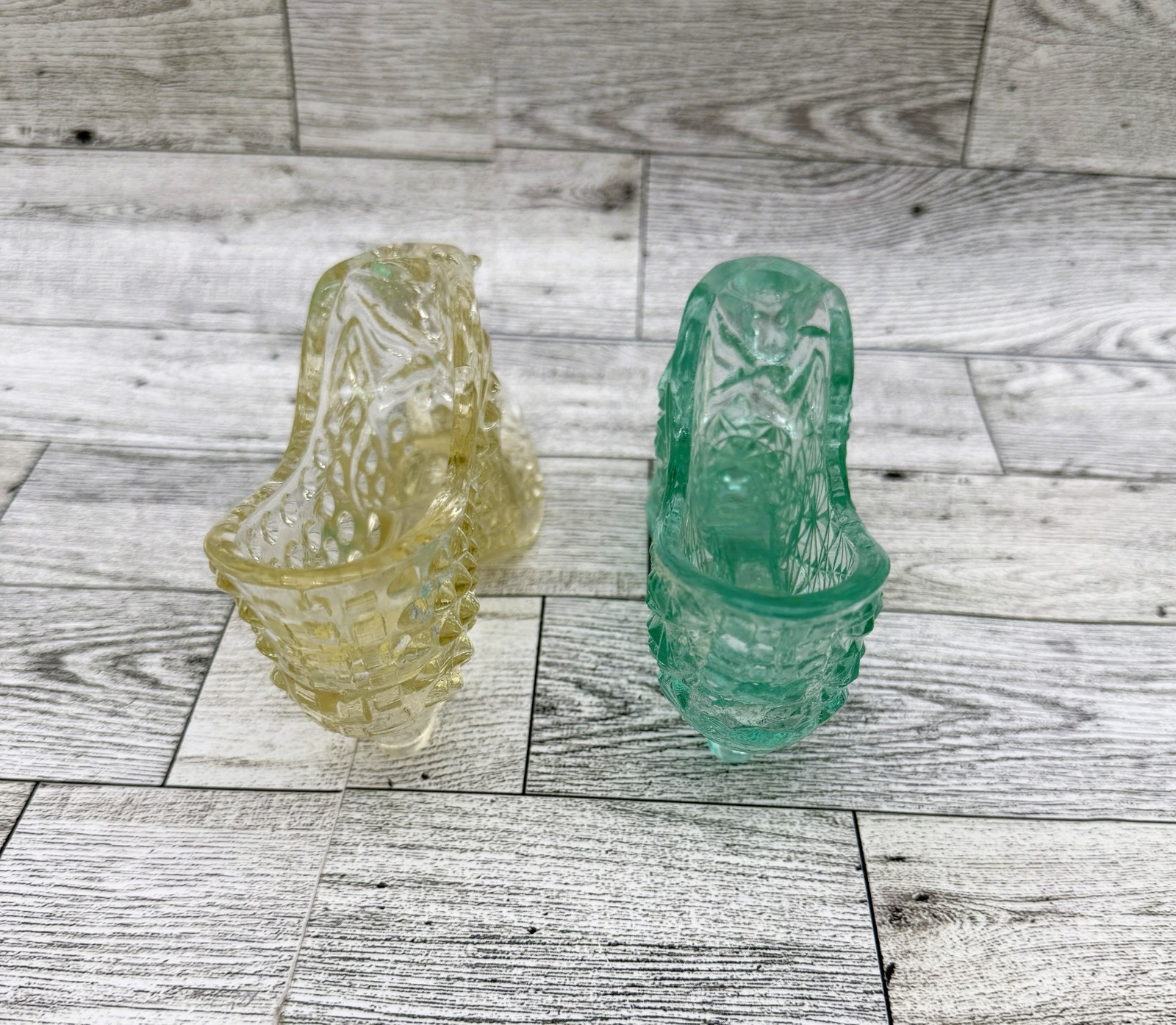 VTG Fenton Art Glass?? 6 EA Victorian Style Cathead Pressed Glass Slipper Shoes
