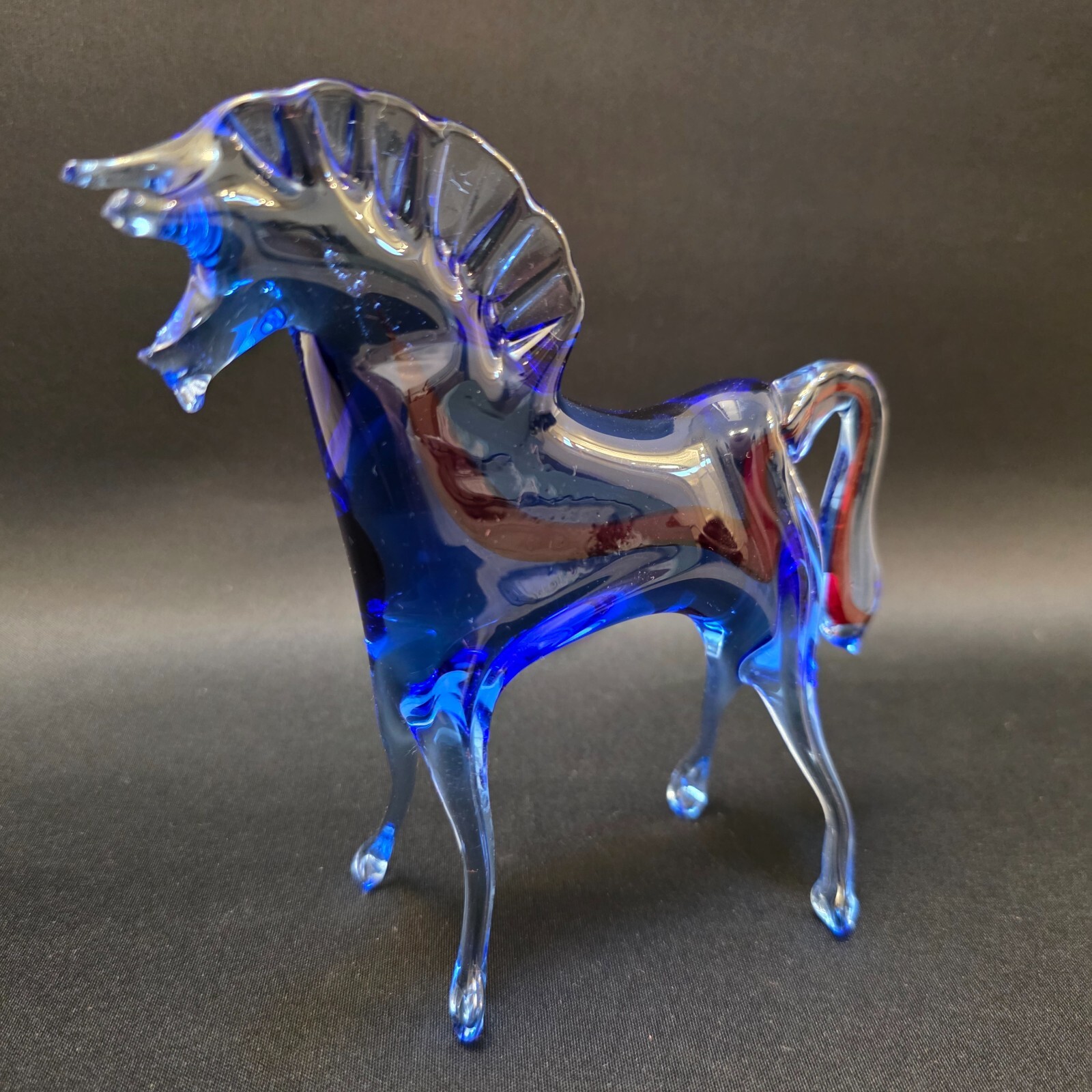 Murano Figure Horse Hand Blown Clear Glass blue red Stripe 6 inches Vintage