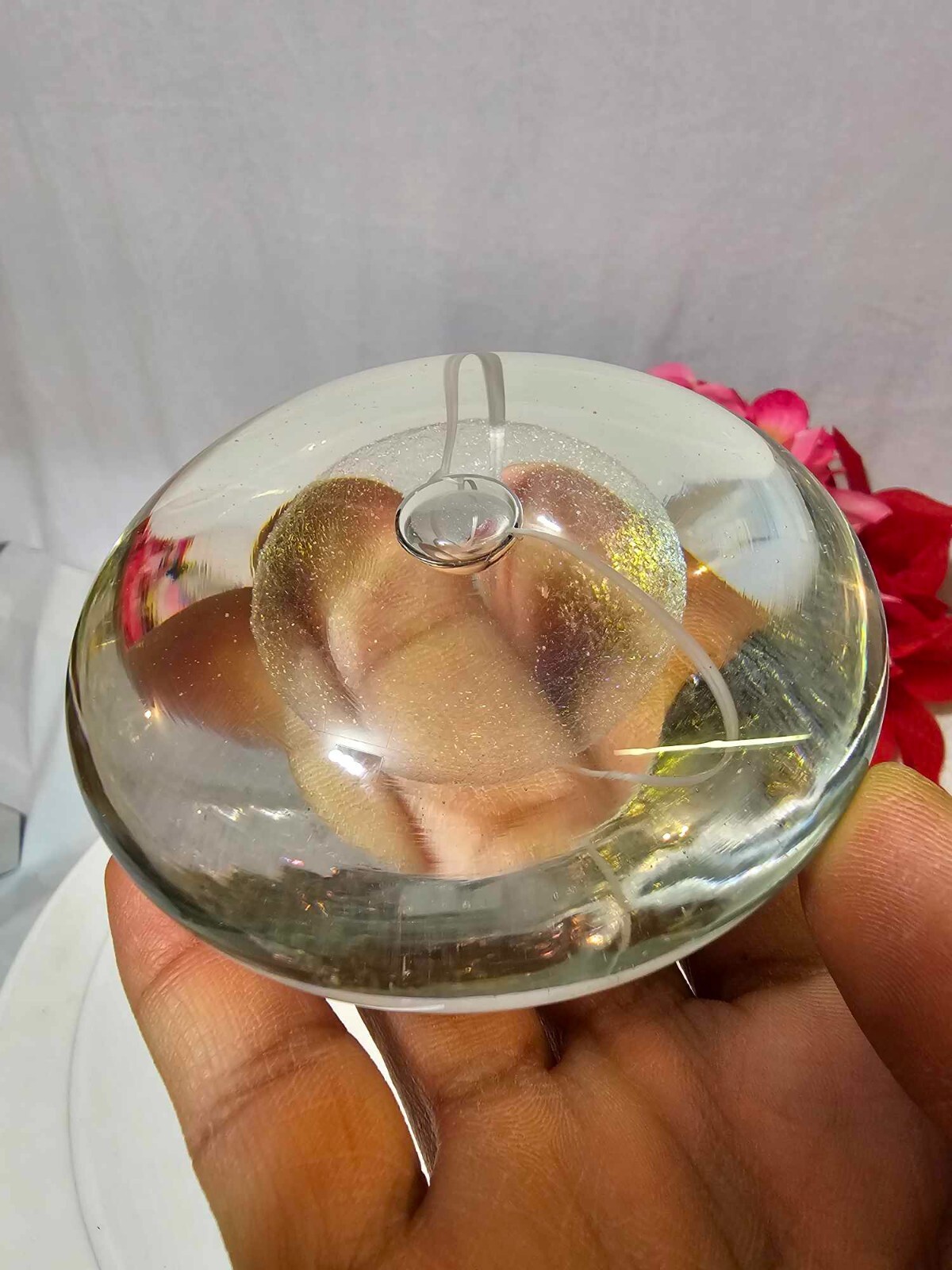 ROBERT EICKHOLT ART GLASS Clear Iridescent Paperweight Signed 1991 Flat