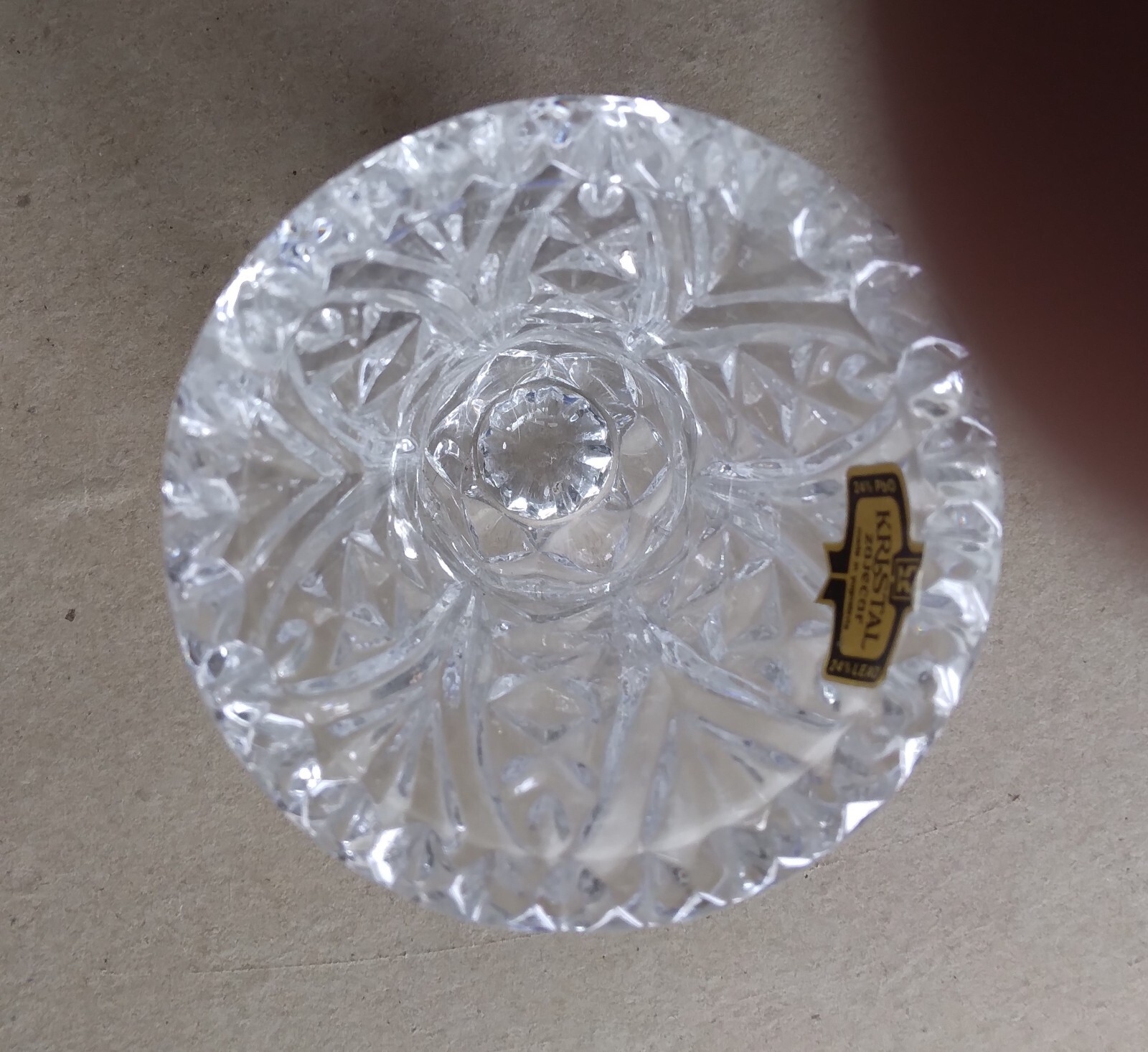 Lead crystal bud vase–Yugoslavia–Zajecar–very worn box–3.75″ tall–10 ounces