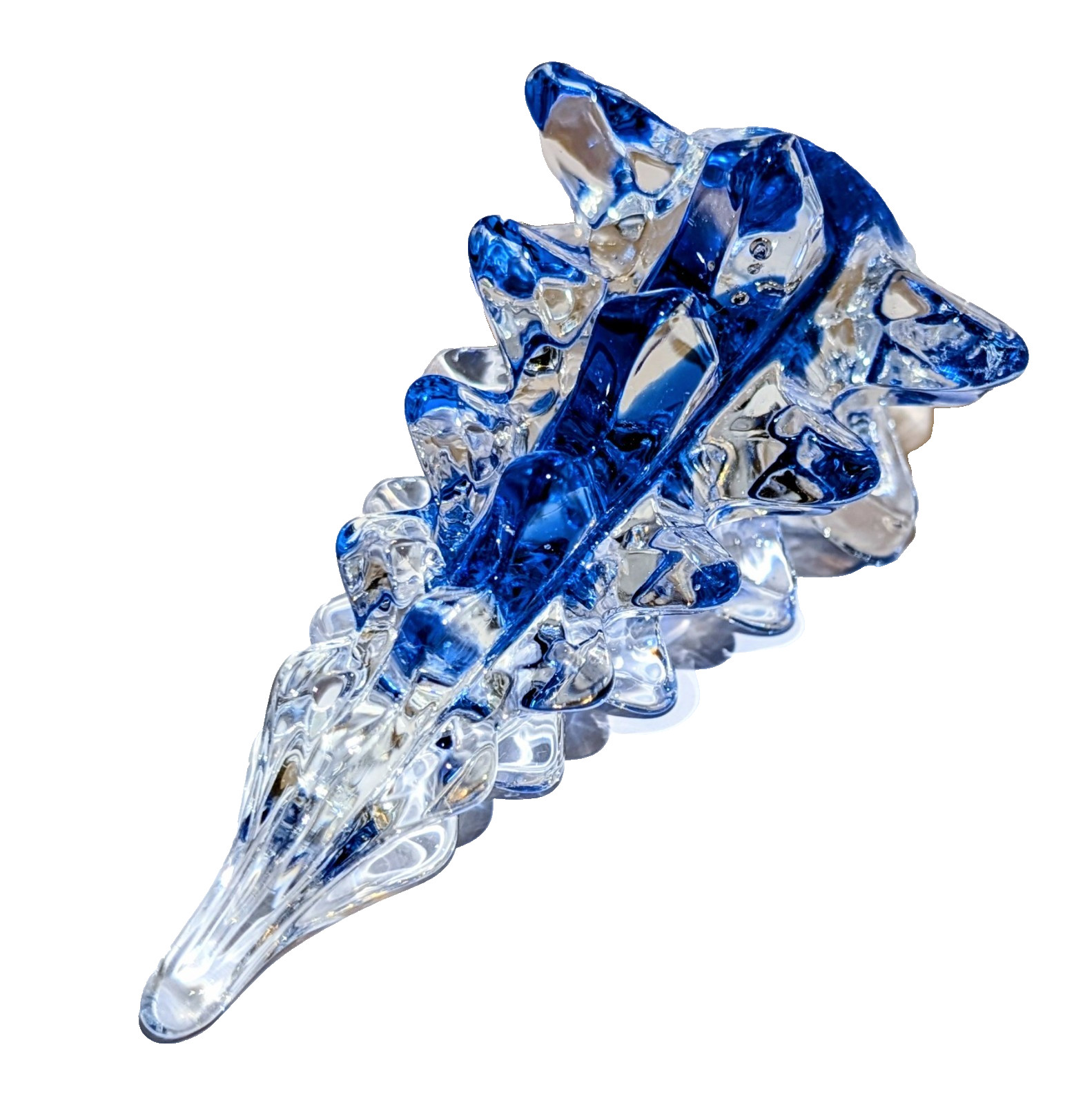 Vtg MidWest Cobalt Blue Art Glass Xmas Pine Tree Crystal Ribbon Sculpture x2 A+