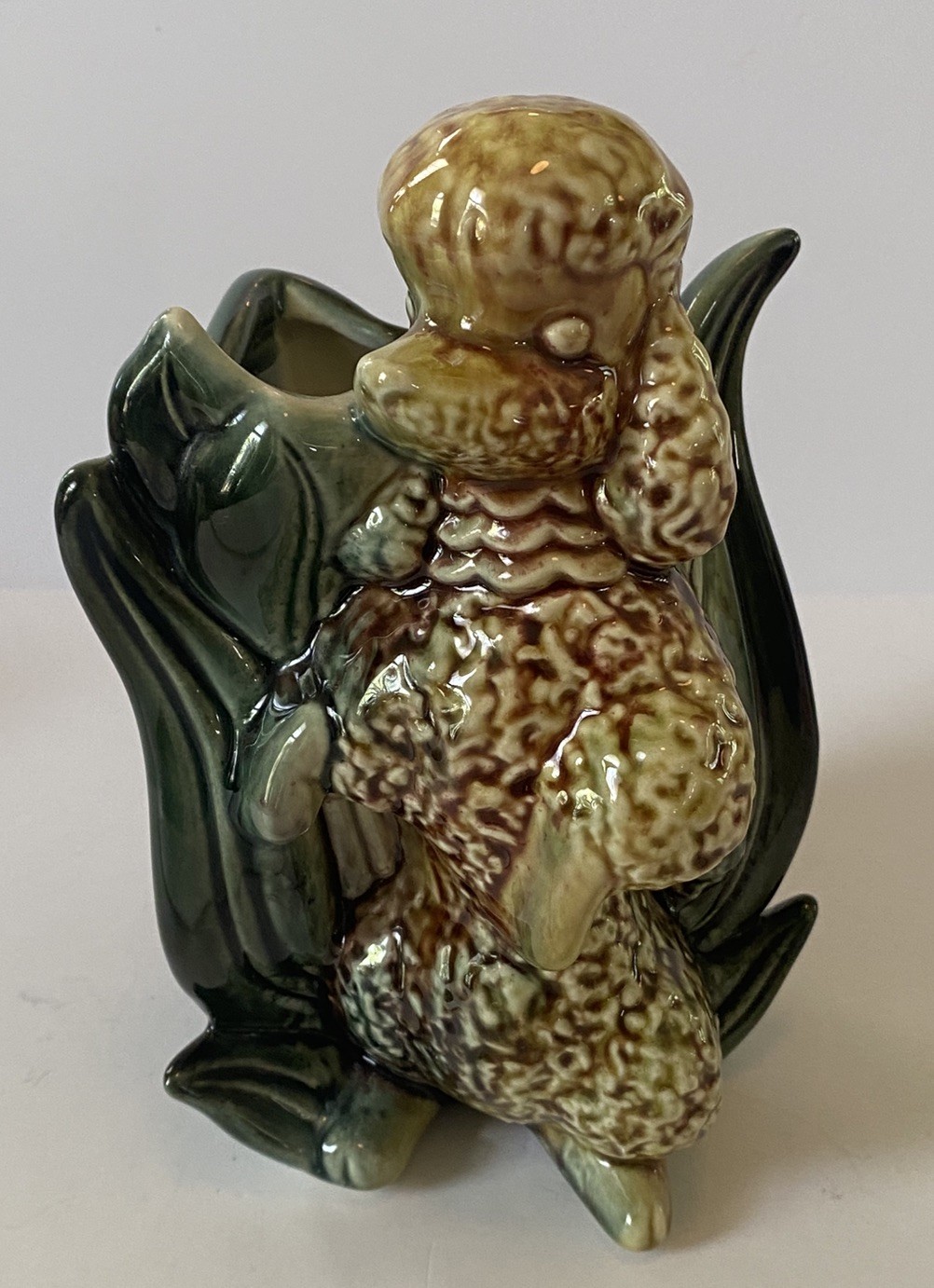 Vintage ~ Art Pottery ~ Hull MCM ~ Poodle Dog Vase ~ #114 ~ Green Yellow Brown