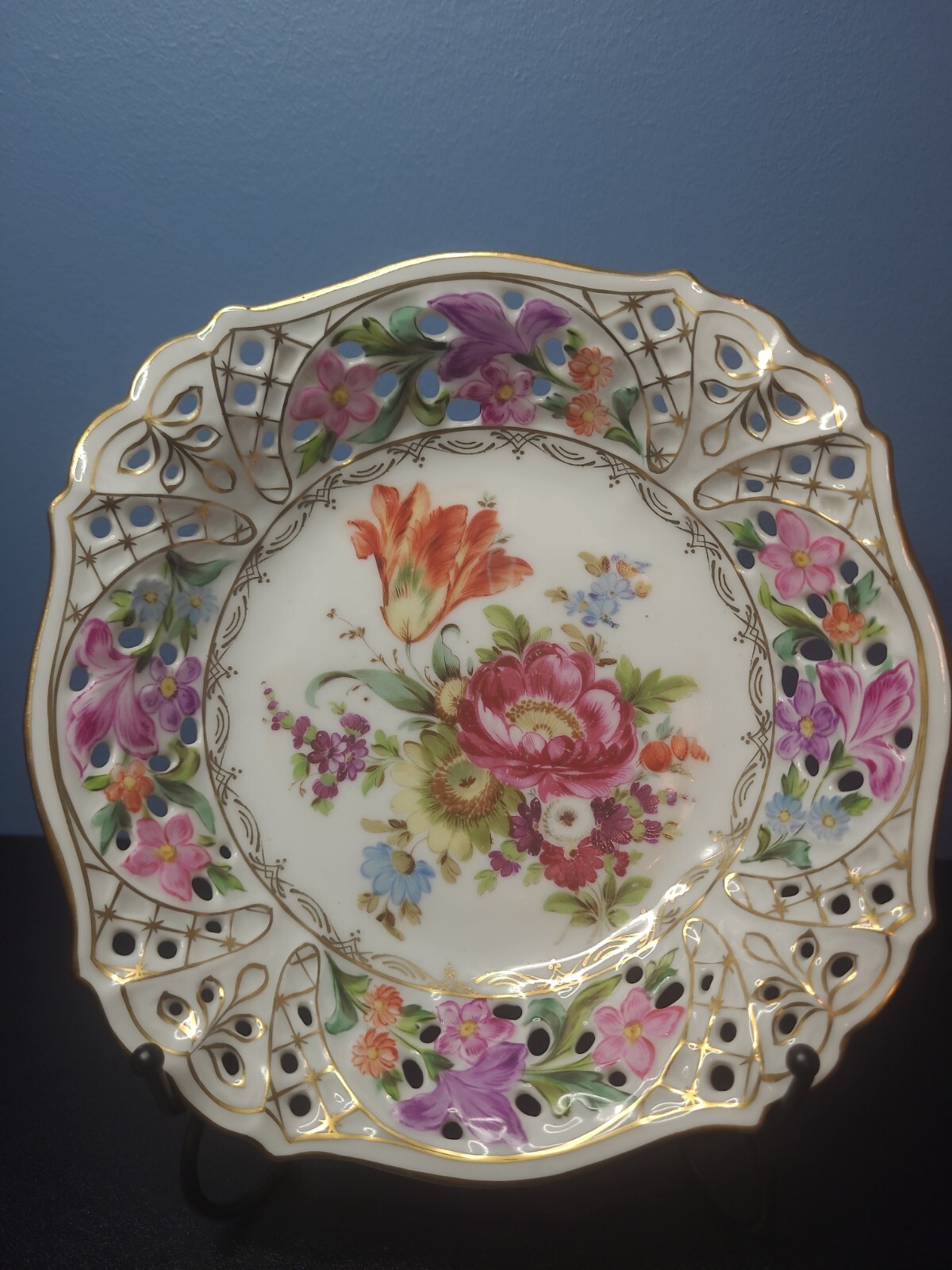 Rare E.S. Prussia Dresden Flowers Gilded Porcelain Bowl Plate Scalloped Openwork