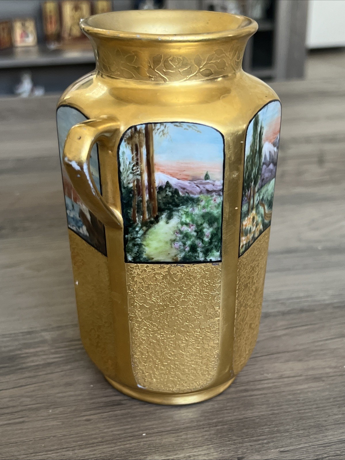 Vtg Gold Encrusted Double Handled 6” Vase Hand painted Landscape Design