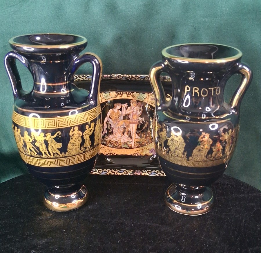 4th of July Sale Greek Ceramic Vases and tray lot 24K Gold Hand Painted.