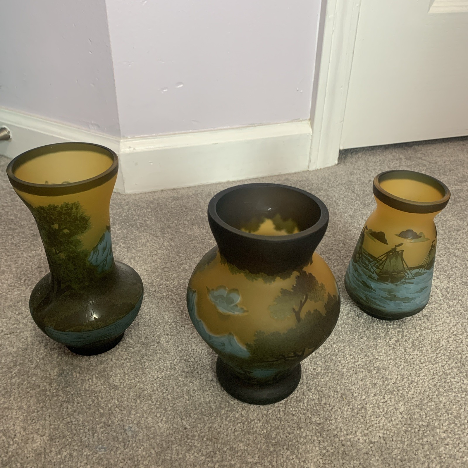 Vintage Petrache Handmade Cameo Art Glass Vase set 7″ Romania Art Nouveau Etched