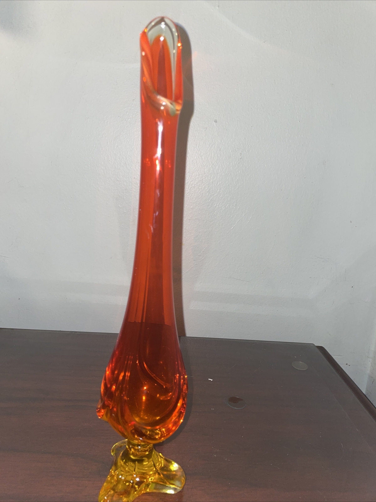 Vintage 12-1/2” Mid-Century Viking Orange Swung Vase Thumbprint Mouth.