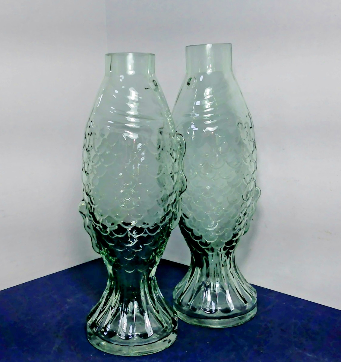 Fish Shaped Green Glass Decanters/ Vases 10.5″ & 10.25” Set of 2