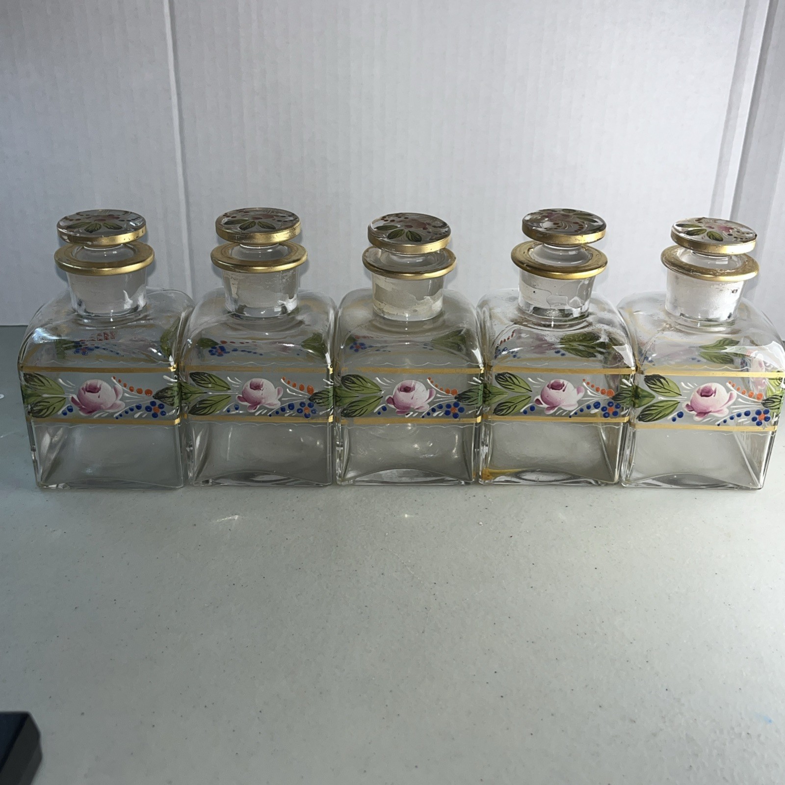 Antique Hand-Enameled Floral Pink Gold Gilded Glass Vanity Bottles Rare 5 Pieces