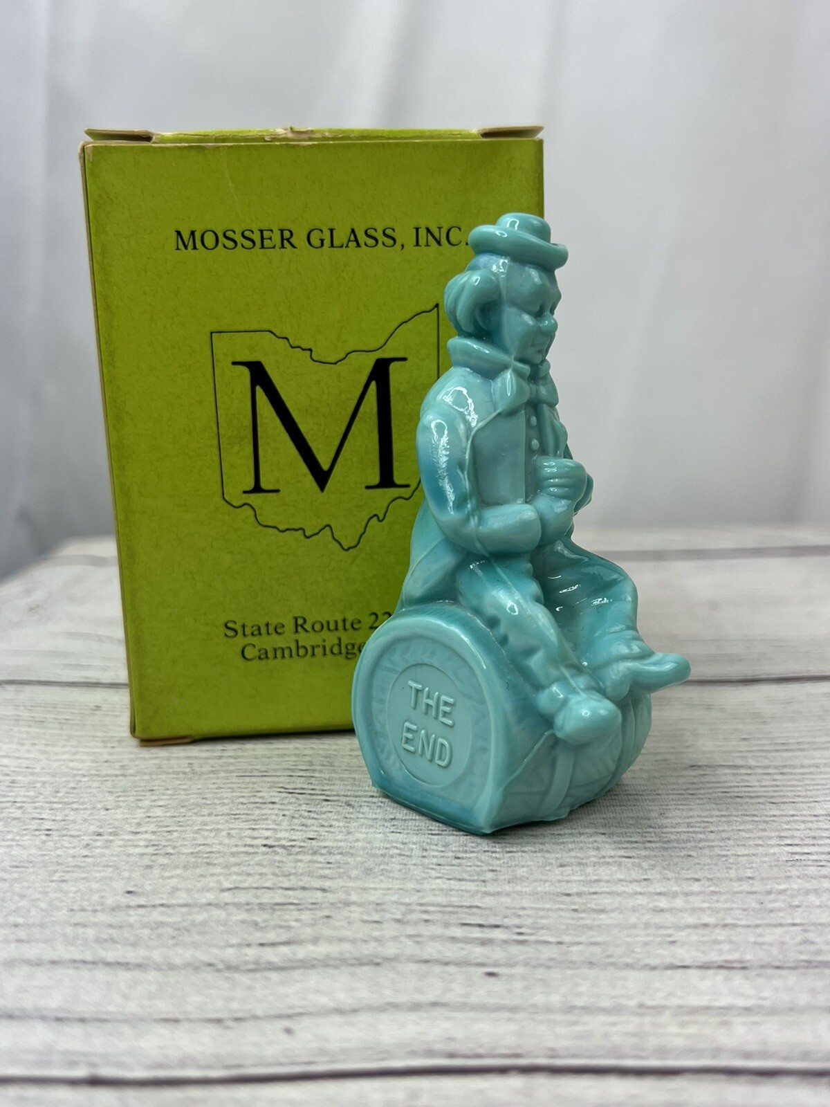 Mosser Glass Clown Alley The Performer The EndOhio 1982 w box 3 3/8 in slag glas