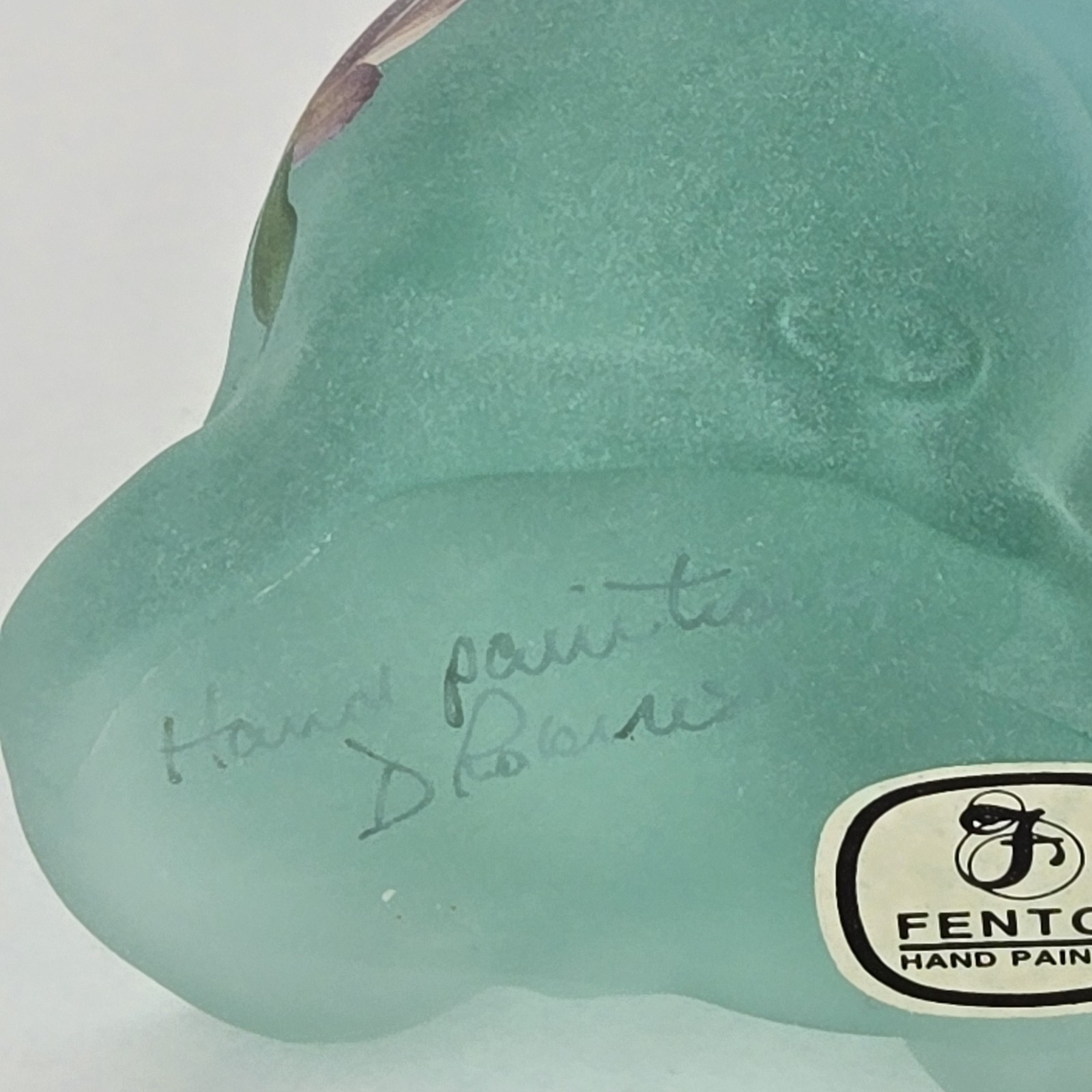 Vtg Fenton Heirloom Green Opaline Satin Opalescent Cat signed Handpainted Rare